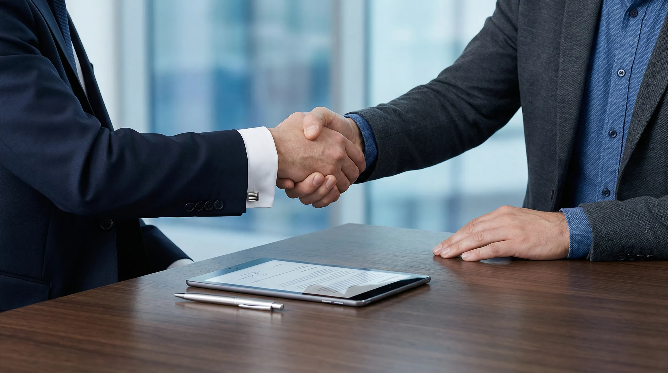 Kurumsal bir müşteri ile LLC sahibi bir freelancer'ın iş anlaşmasını simgeleyen profesyonel el sıkışması, müşteri güvenini artırmayı temsil ediyor.