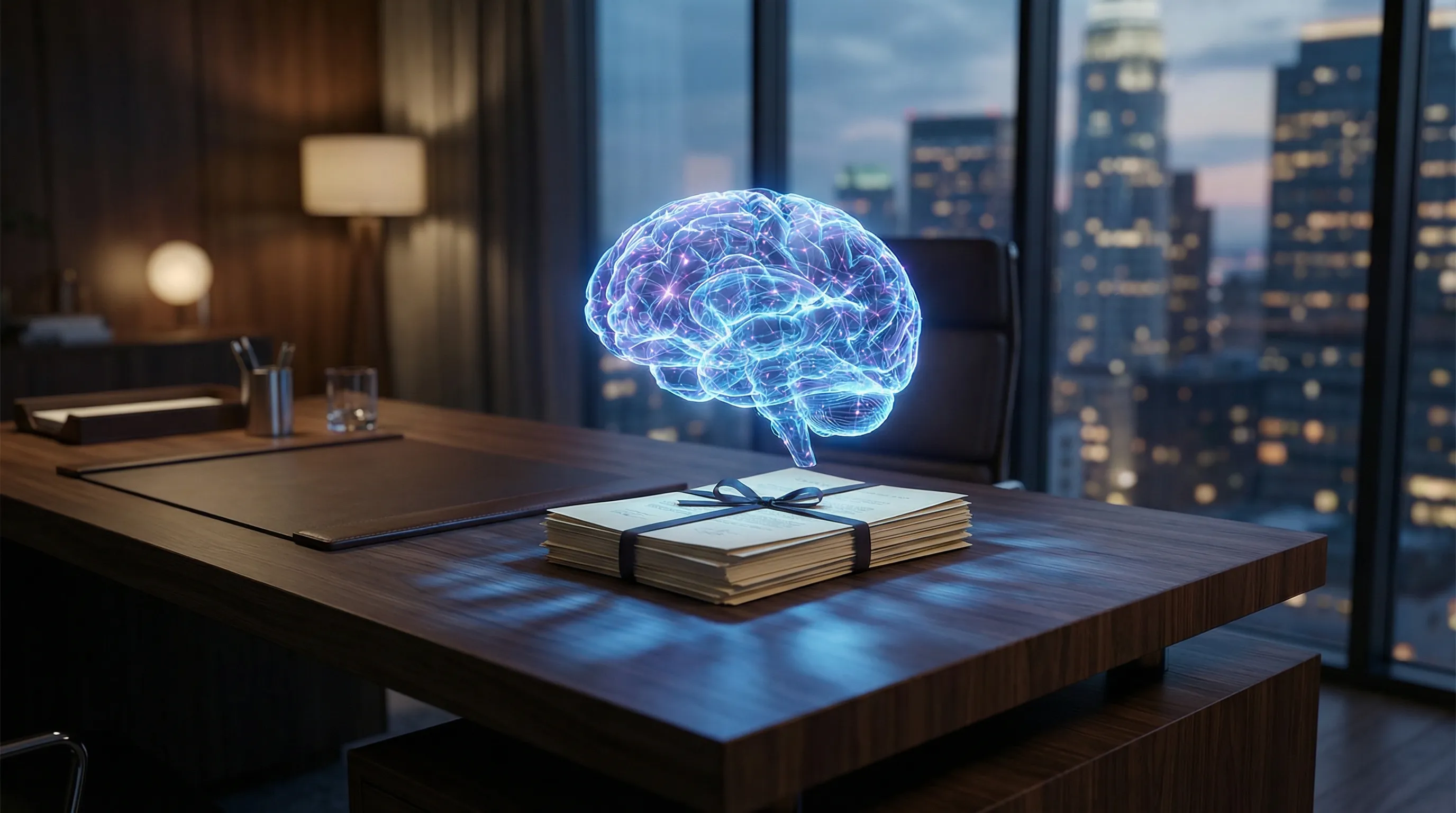 Yapay zeka ve LLC iş yapısını birleştiren konsept görsel: Modern bir ofis masasında duran iş belgeleri üzerinde parlayan holografik bir veri bulutu