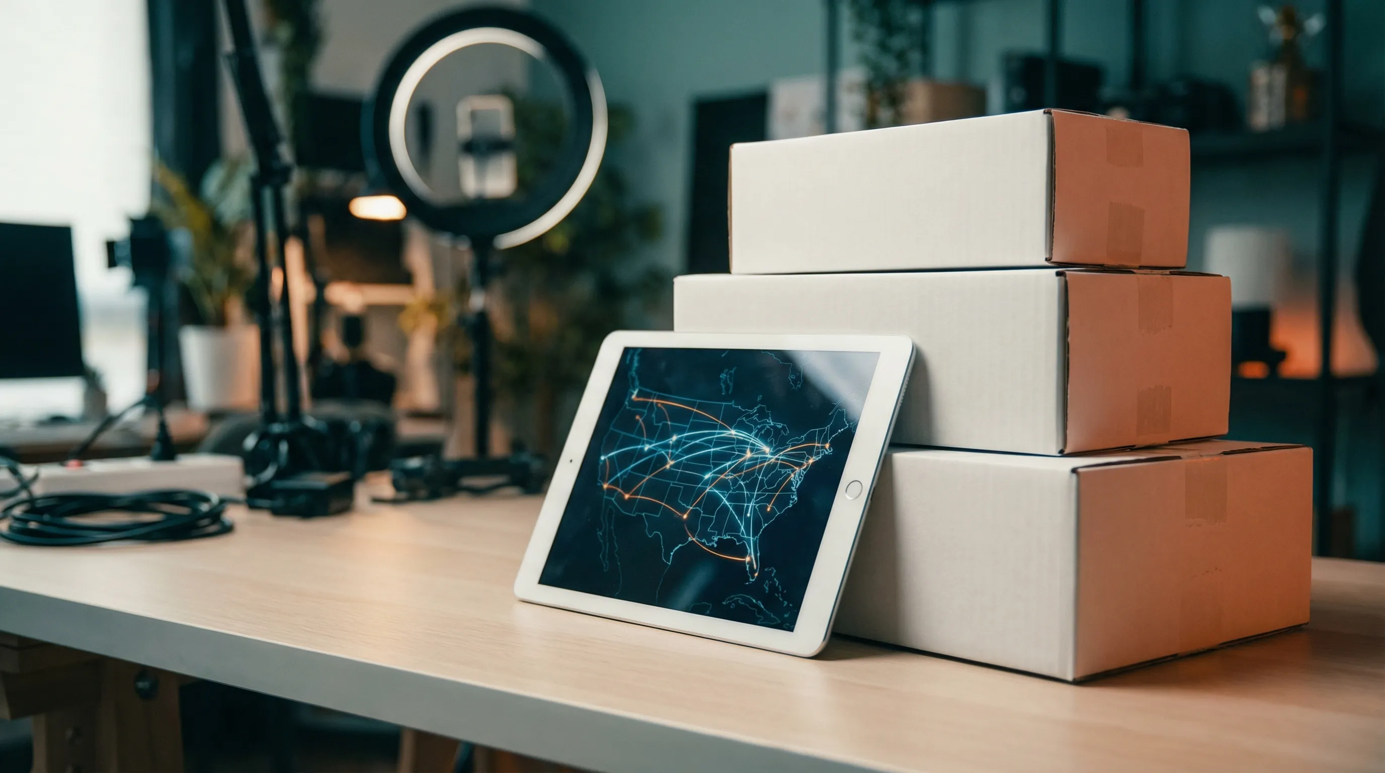 ABD haritası üzerinde bağlantı noktalarını gösteren tablet ve arka planda kargo kutuları ile stüdyo aydınlatması.