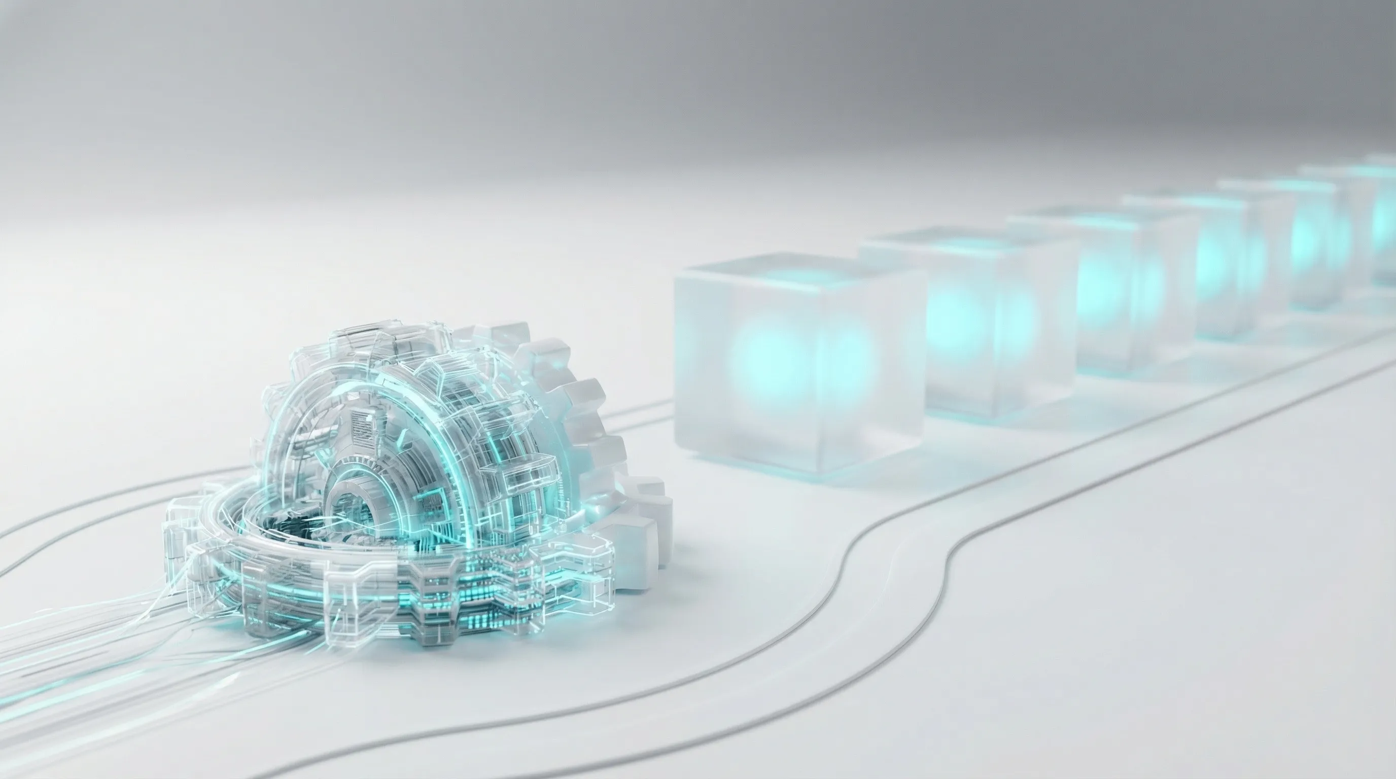 Karmaşık bir dijital iş akışının, ölçeklenebilir ve paketlenmiş bir SaaS ürününe dönüştürülmesini anlatan soyut ve minimalist bir görsel.