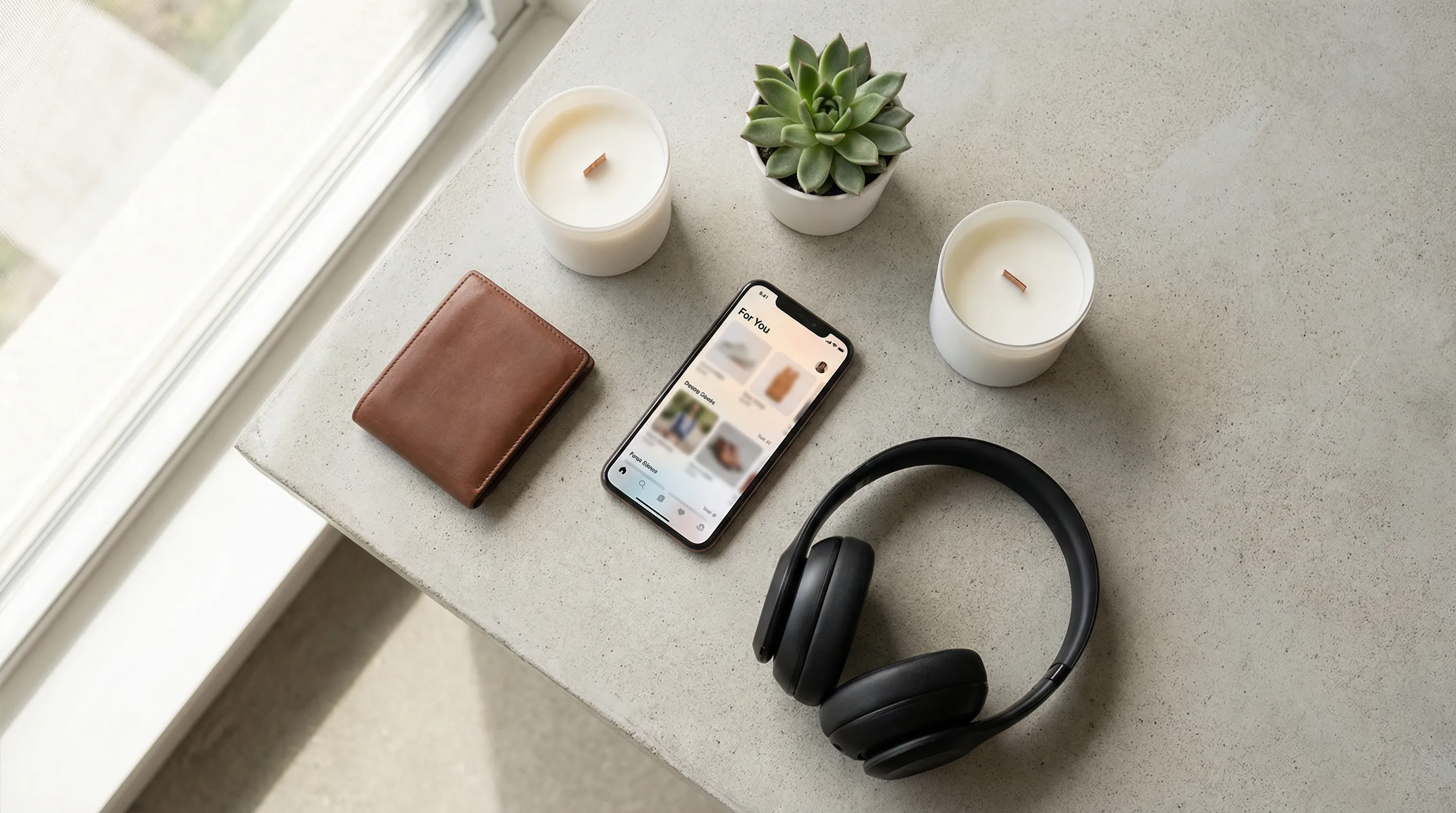 Yapay zeka ile kişiselleştirilmiş müşteri deneyimi: Bir akıllı telefonun etrafında kullanıcının zevkine göre düzenlenmiş çeşitli e-ticaret ürünleri.