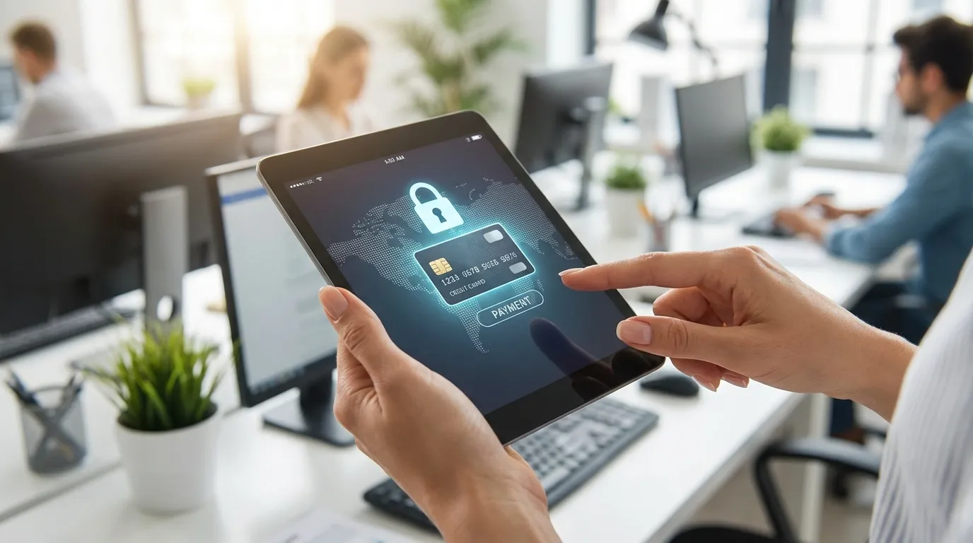 Global ödeme sistemleri (Stripe, Paddle) ve yasal korumayı temsil eden, dijital arayüzlü bir tablet tutan eller. ABD LLC'sinin SaaS girişimleri için sunduğu finansal avantajlar ve güvenliği vurgulayan bir görsel.