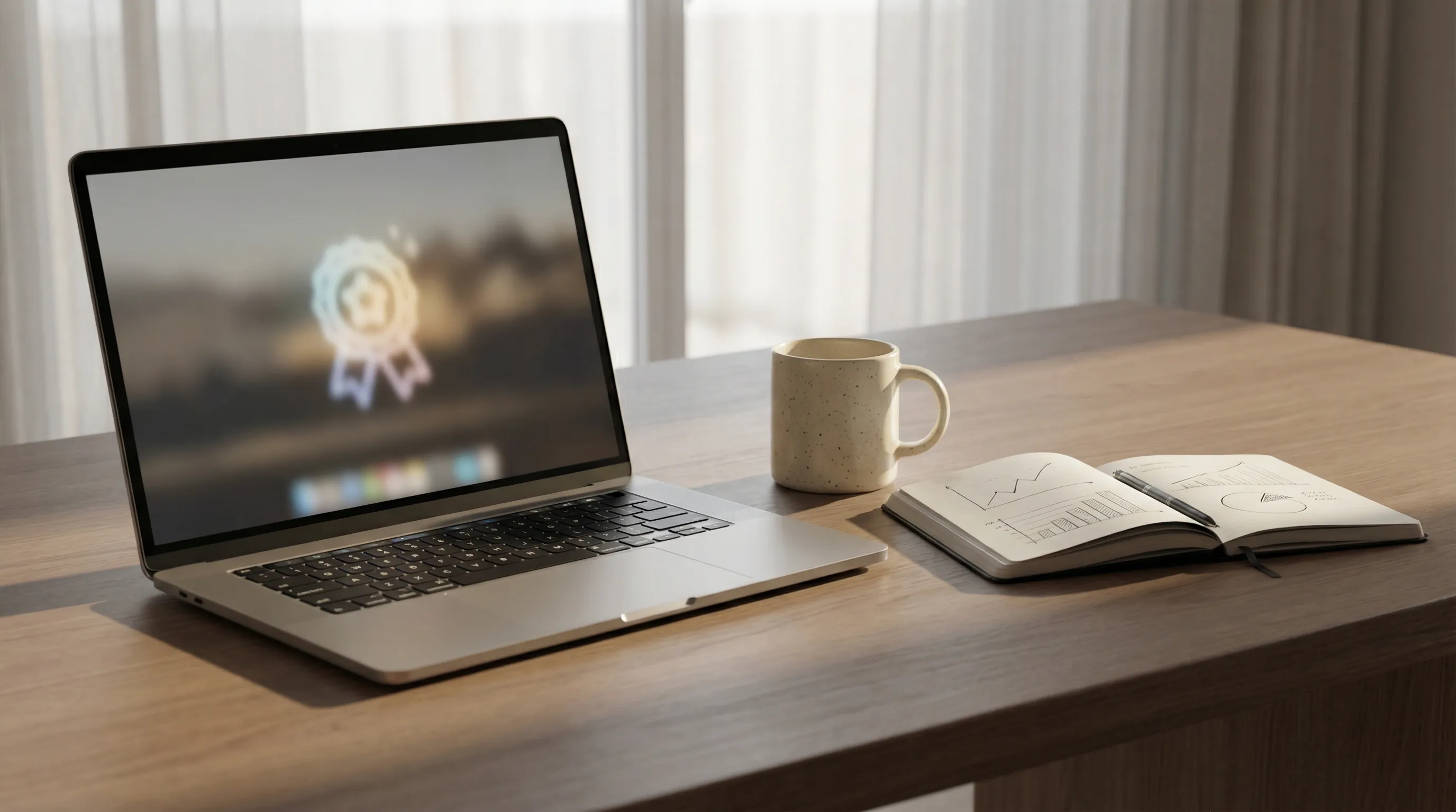 Upwork'te Top Rated olmuş bir freelancer'ın modern ve düzenli çalışma masası, müşteri güveni ve profesyonelliği simgeliyor.