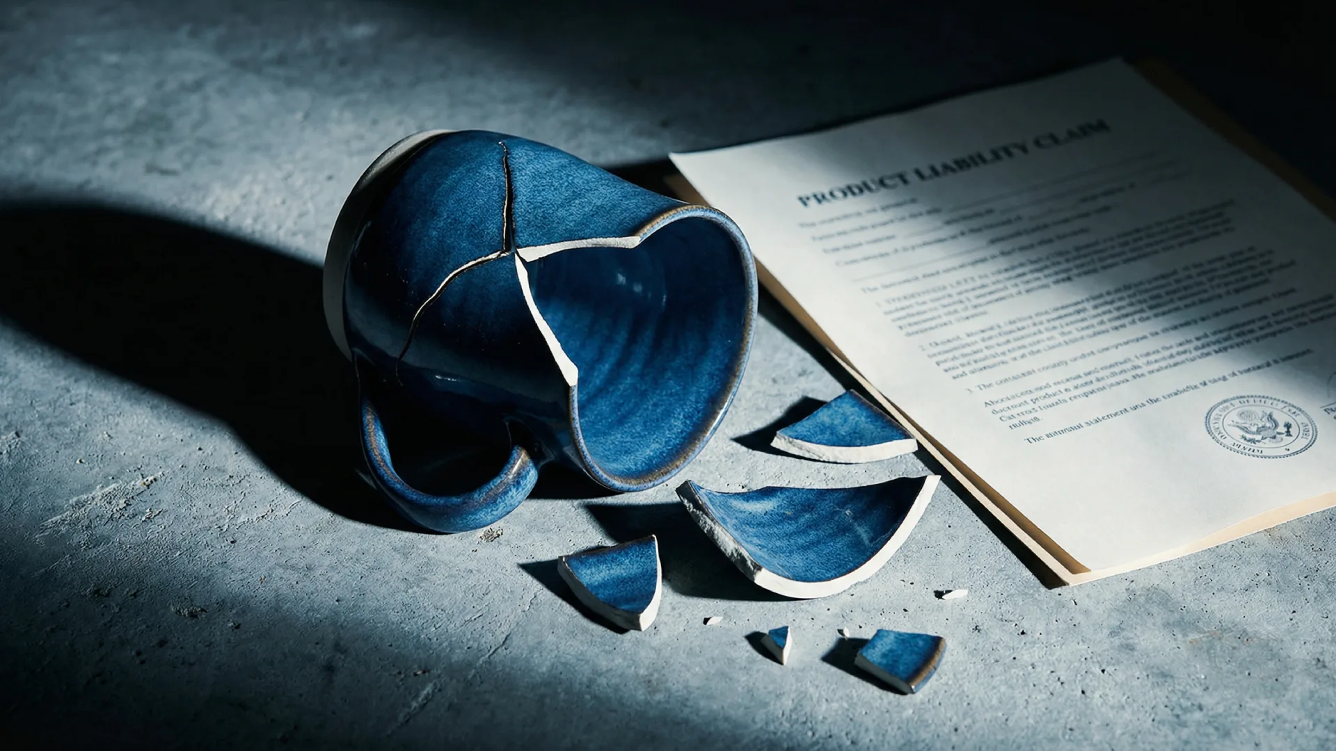 Kırılmış el yapımı bir seramik kupa ve yanında duran dava dilekçesi, Etsy satıcıları için ürün sorumluluğu davaları riskini anlatıyor.