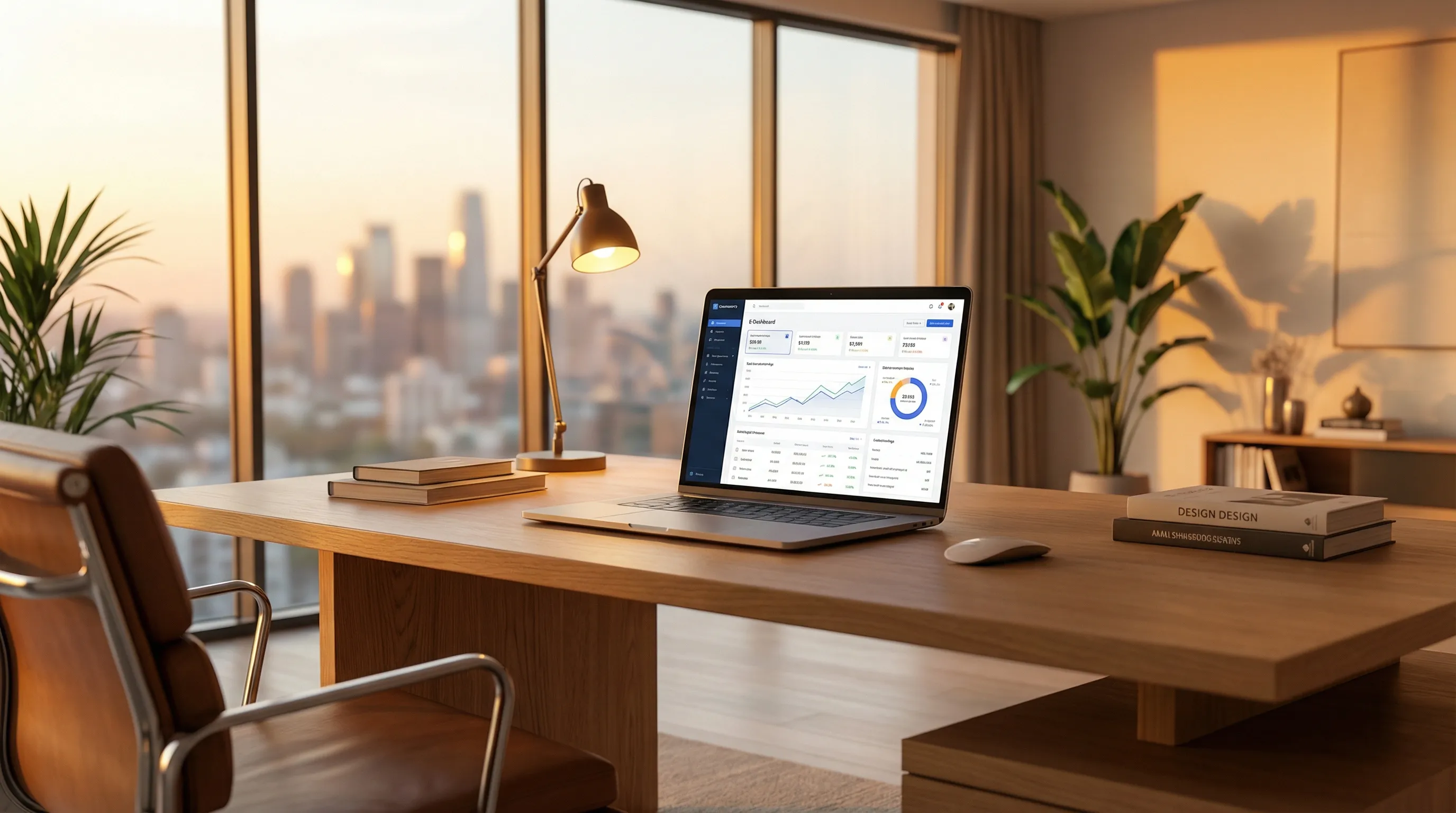 Modern bir ofis masasında duran ve e-ticaret büyüme grafiklerini gösteren laptop, arka planda gün batımı şehir manzarası.
