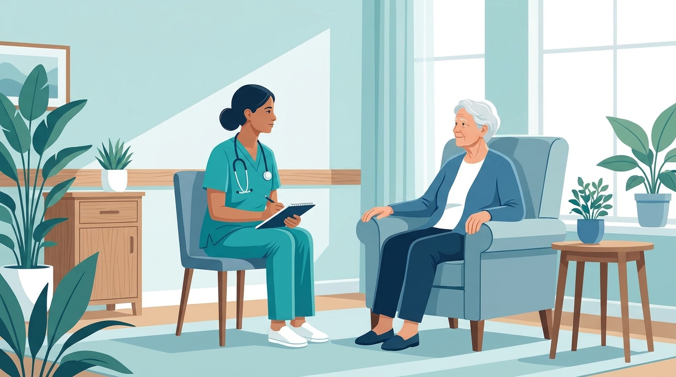Une infirmière évalue calmement une personne âgée pour comprendre la cause d'un comportement