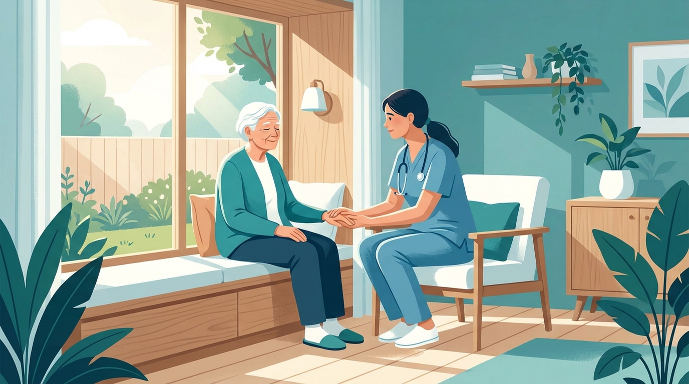 Personne âgée sereine près d'une fenêtre ensoleillée, environnement de soins apaisant
