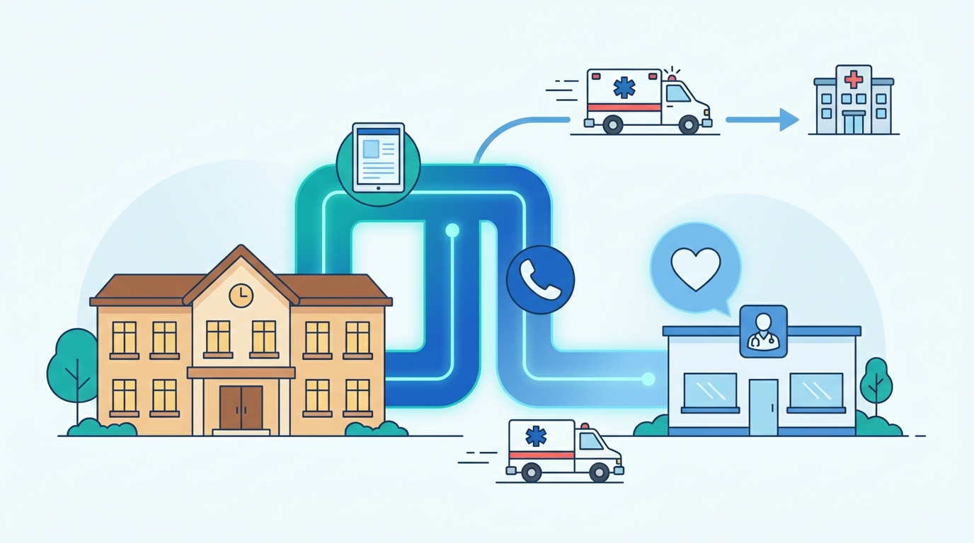 Illustration d'un lien numerique reliant une residence pour aines a un medecin a distance, evitant un transfert vers l'urgence
