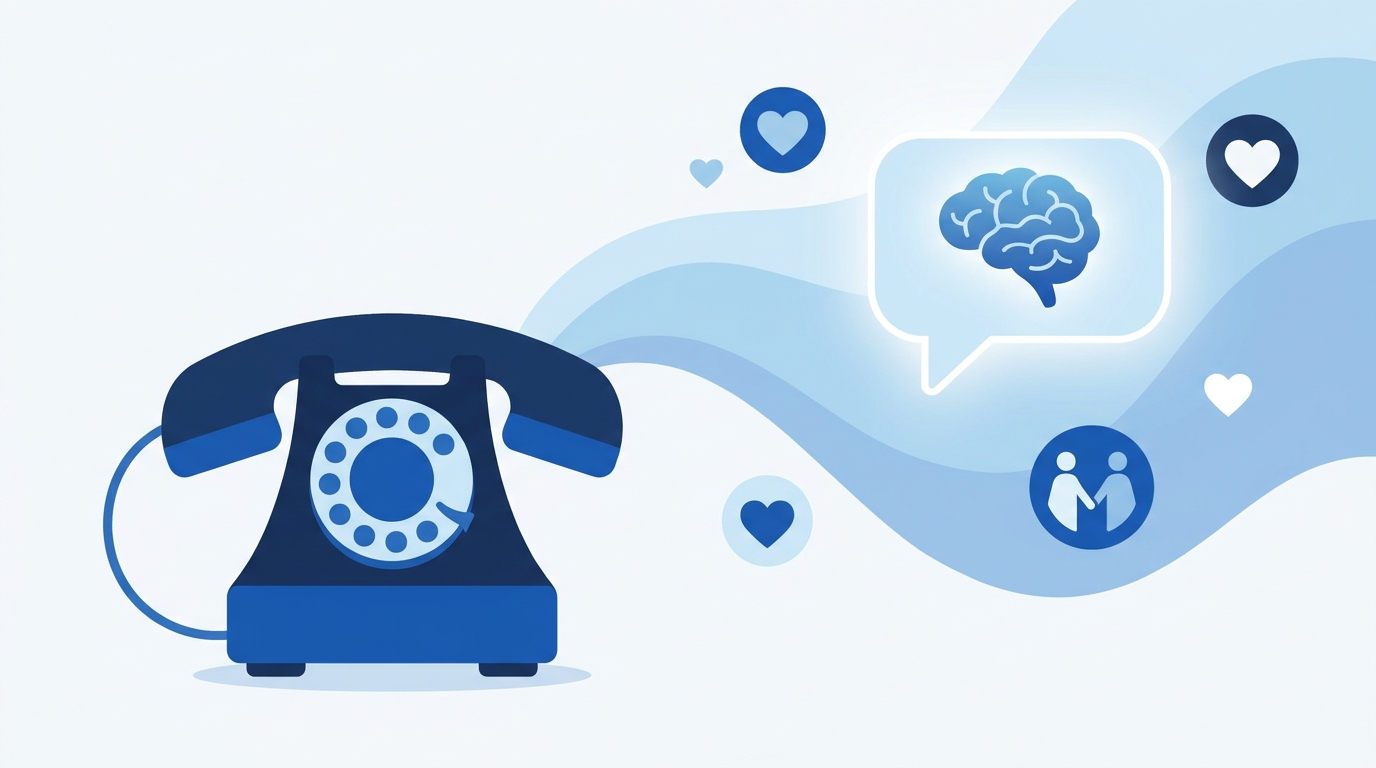 Illustration d'un compagnon conversationnel par intelligence artificielle pour aînés, sous forme de téléphone à combiné, dans un milieu d'hébergement