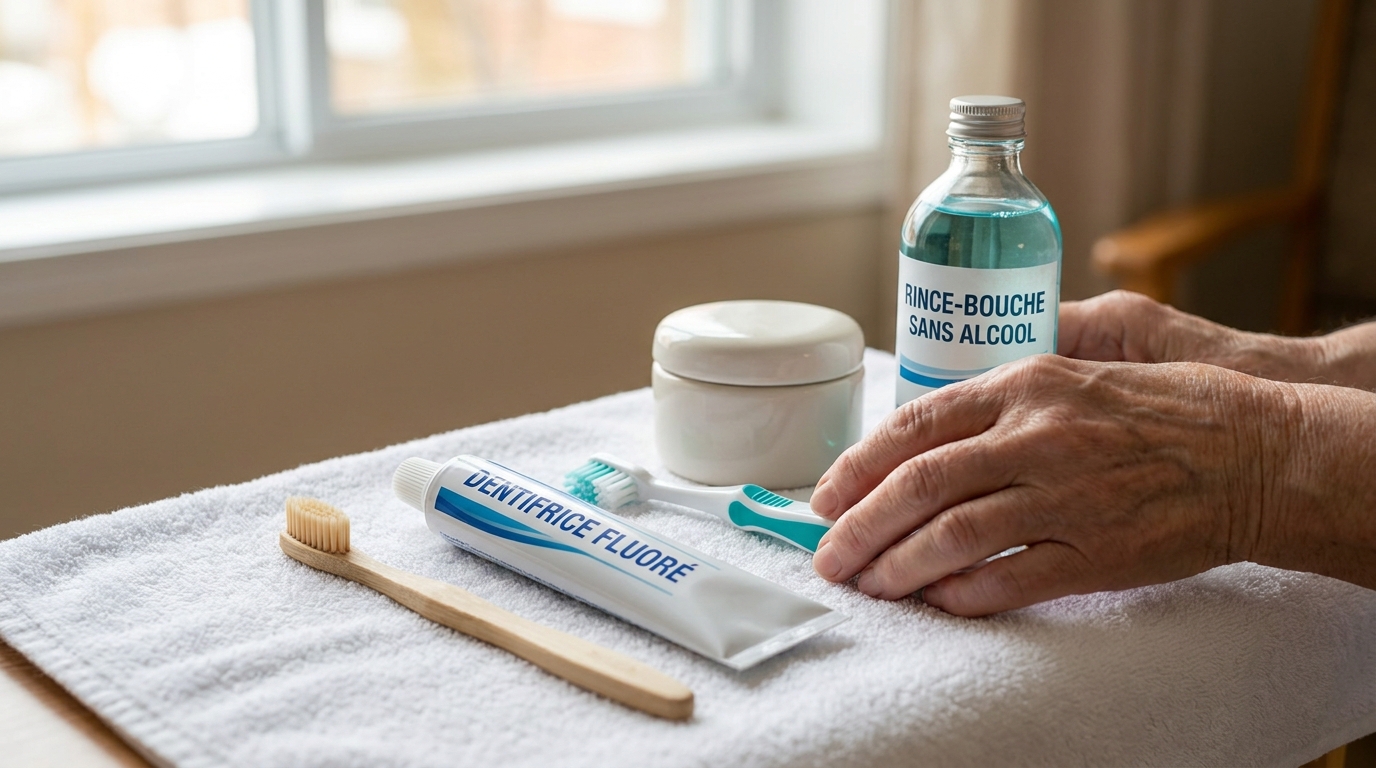 Nécessaire d'hygiène de la bouche : brosse à dents souple, dentifrice fluoré, brosse et contenant à prothèses
