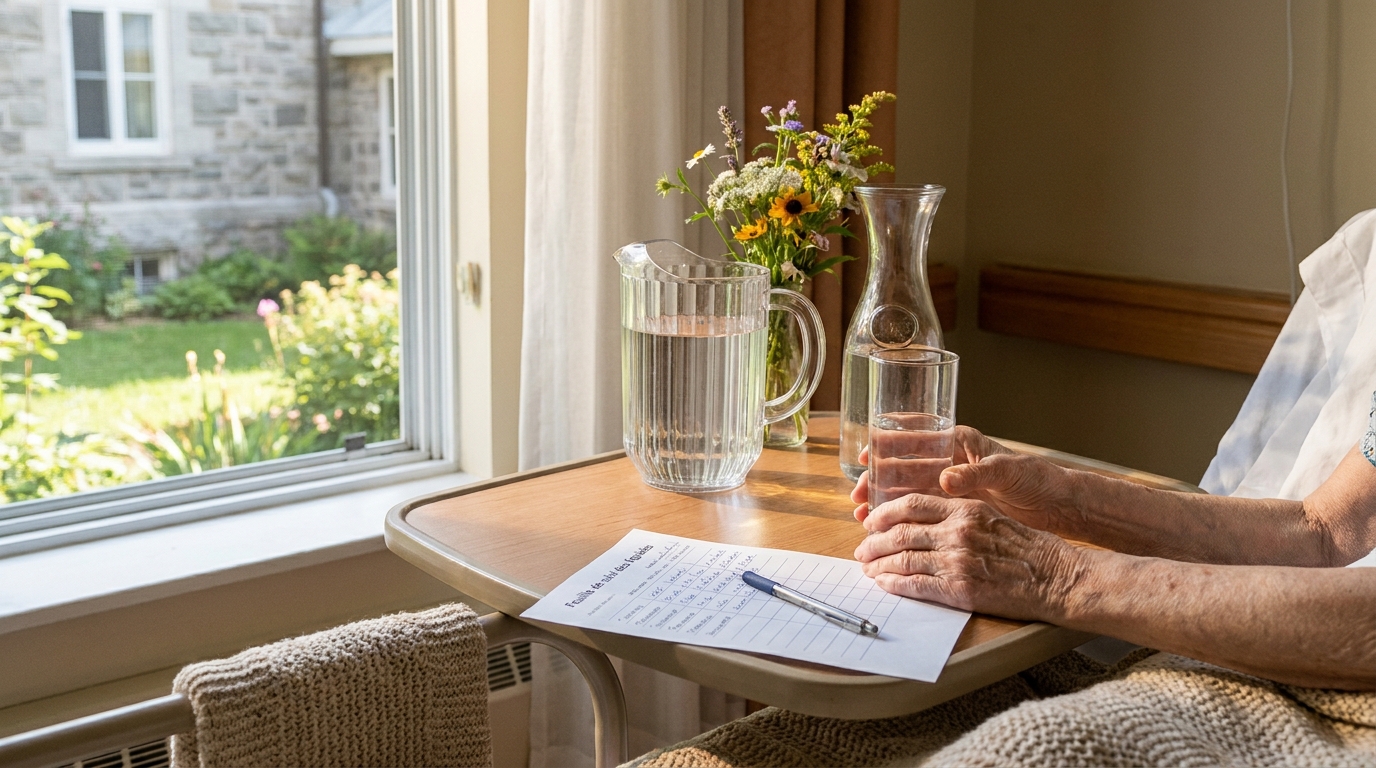 Pichet d'eau, verre et feuille de suivi des liquides sur une table de chevet ensoleillée