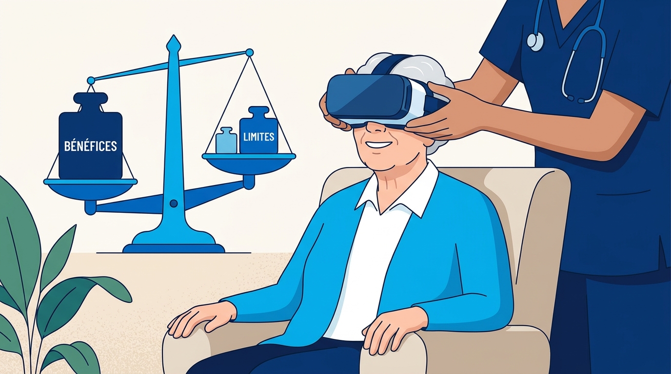 Illustration : une infirmiere aide a ajuster un casque de realite virtuelle sur un aine