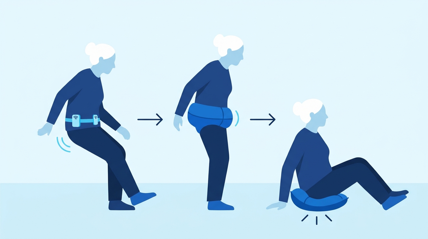 Schéma en trois étapes : détection de la chute, déploiement du coussin gonflable autour du bassin, amortissement de l'impact