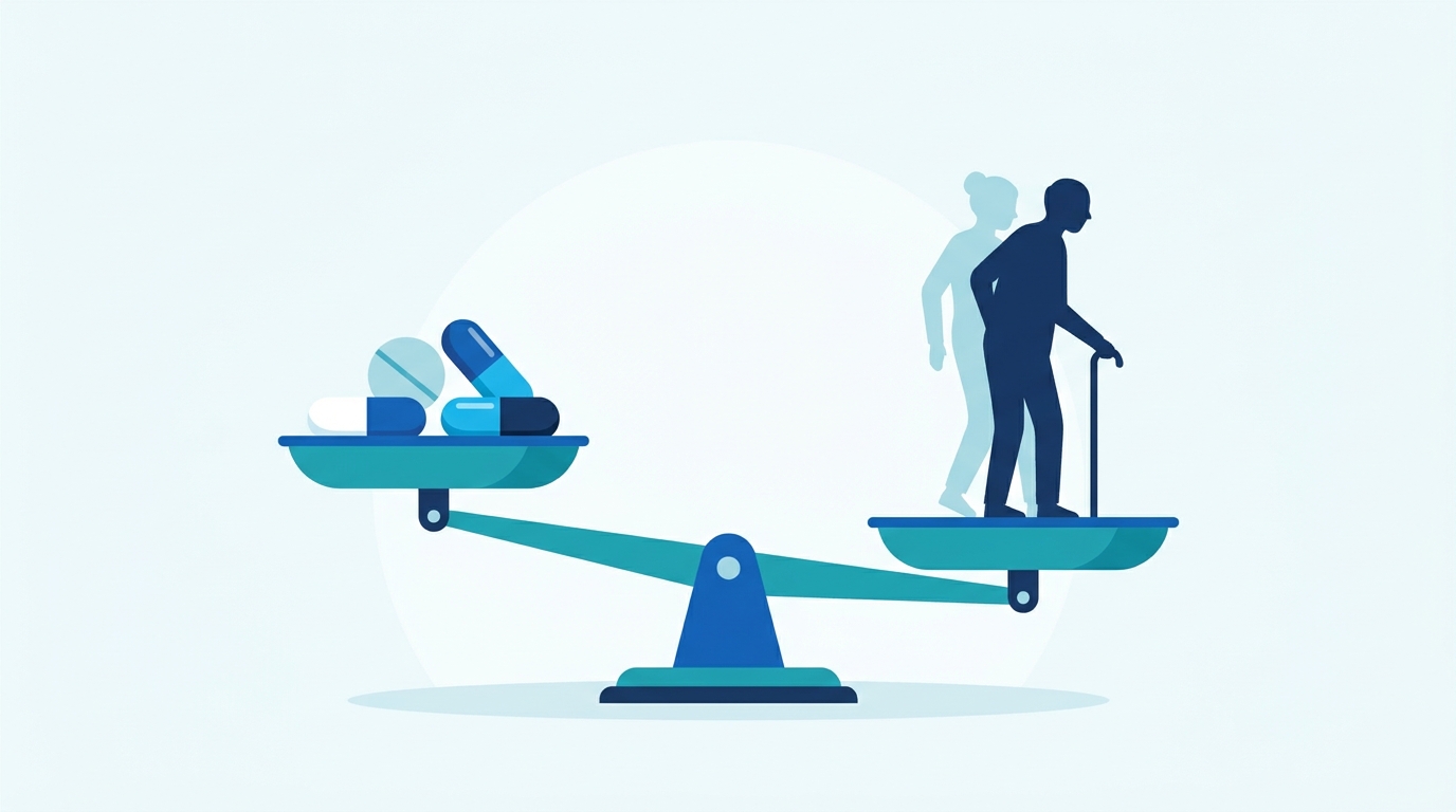 Illustration d'une balance mettant en équilibre des comprimés et une silhouette de personne âgée qui vacille