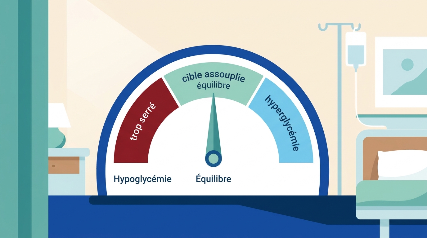 Illustration d'une jauge de contrôle glycémique avec une zone rouge trop serrée et une zone verte de cible assouplie