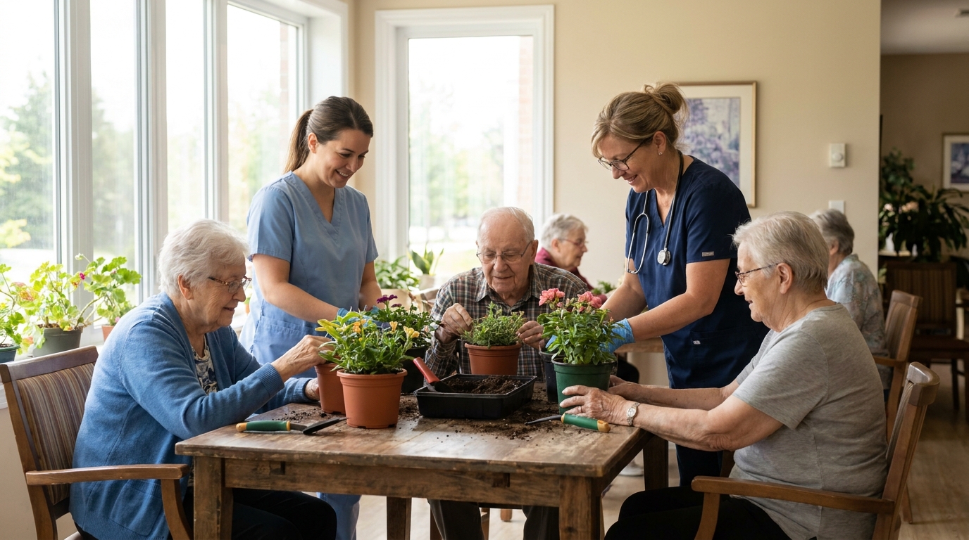 Petit groupe d'aînés participant à un atelier de jardinage intérieur dans une salle commune, accompagnés par une infirmière