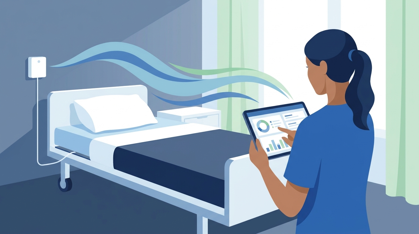 Illustration d'une chambre équipée de capteurs discrets sans caméra reliés à un tableau de bord infirmier