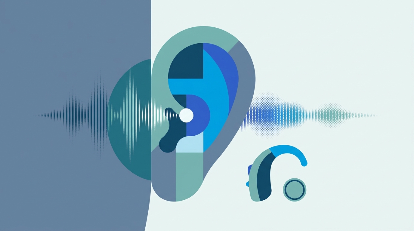 Illustration d'une oreille traversée par des ondes sonores qui s'atténuent, avec un appareil auditif et une pile