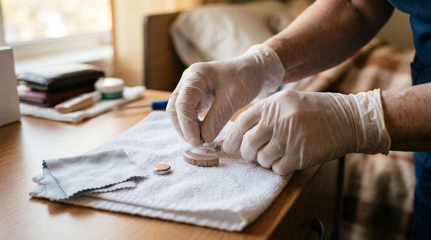 Mains d'une infirmière vérifiant un appareil auditif contour d'oreille sur une table de chevet