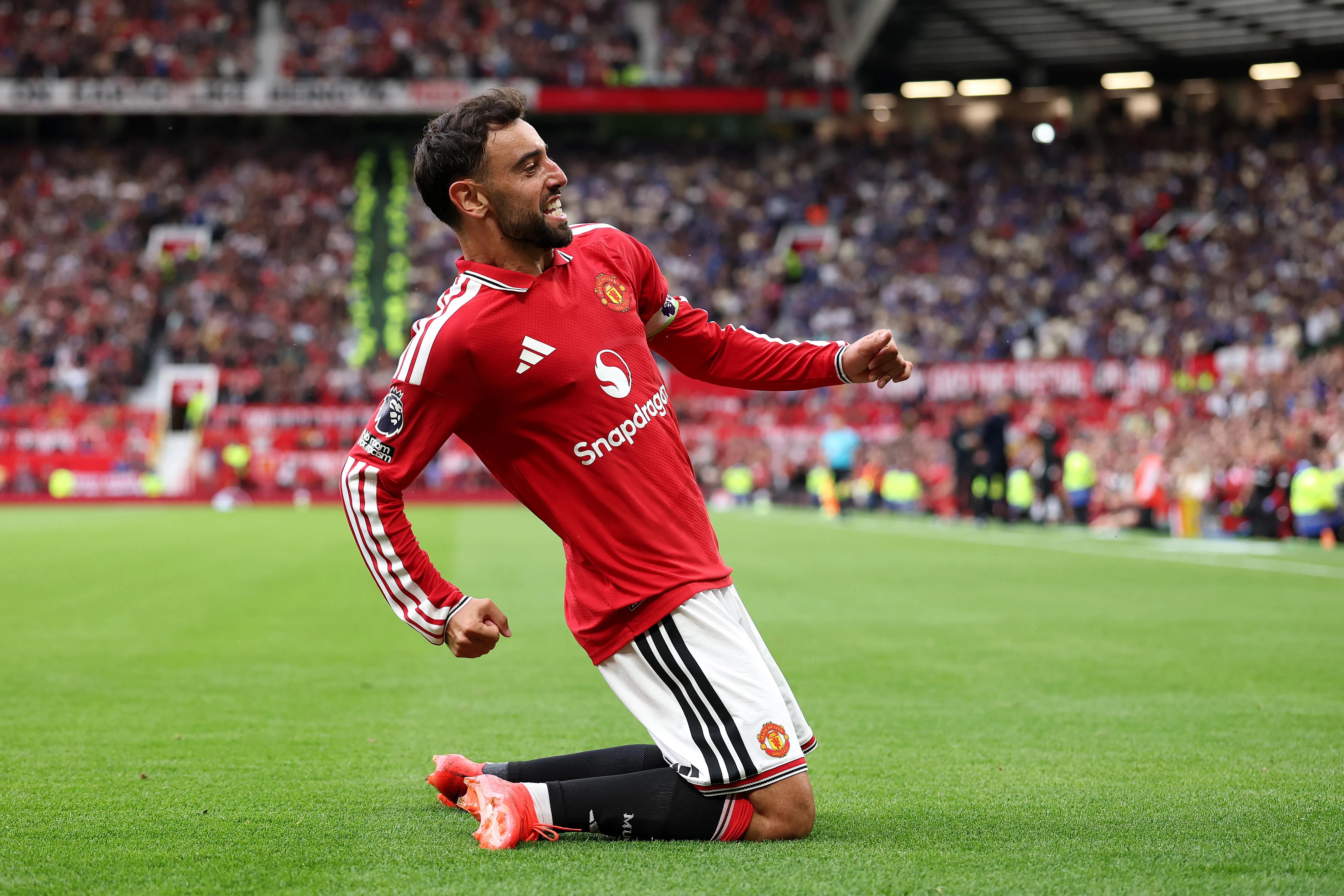 MANCHESTER, ENGLAND - AUGUST 30: Bruno Fernandes of Manchester United celebrates scoring his team’s fourth goal during the Premier League 2026/27 match between Manchester United and Ipswich Town at Old Trafford on August 30, 2026 in Manchester, England. (Photo by Dan Mullan/Getty Images)