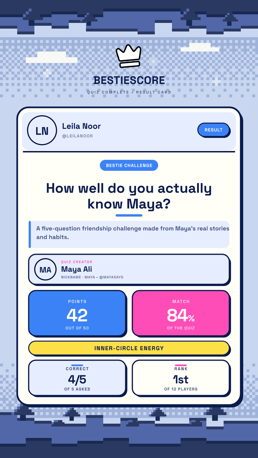 BestieScore Instagram Story result card showing Leila's score, match percentage, and leaderboard rank