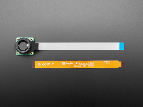 Overhead shot of camera module, FPC ribbon cable, and 22-pin FPC adapter cable.