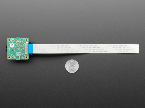 Top view of camera module connected to FPC ribbon cable above a US quarter for scale.