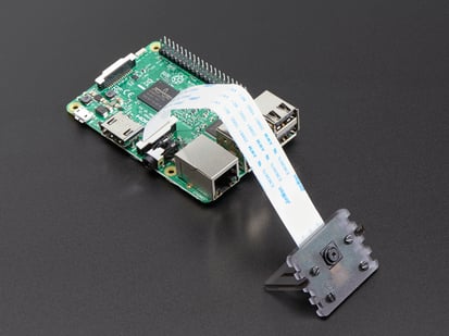 Adjustable Pi Camera Mount - Angled shot of a Adjustable Pi Camera Mount connected to a camera with an Adjustable Pi Camera Mount.