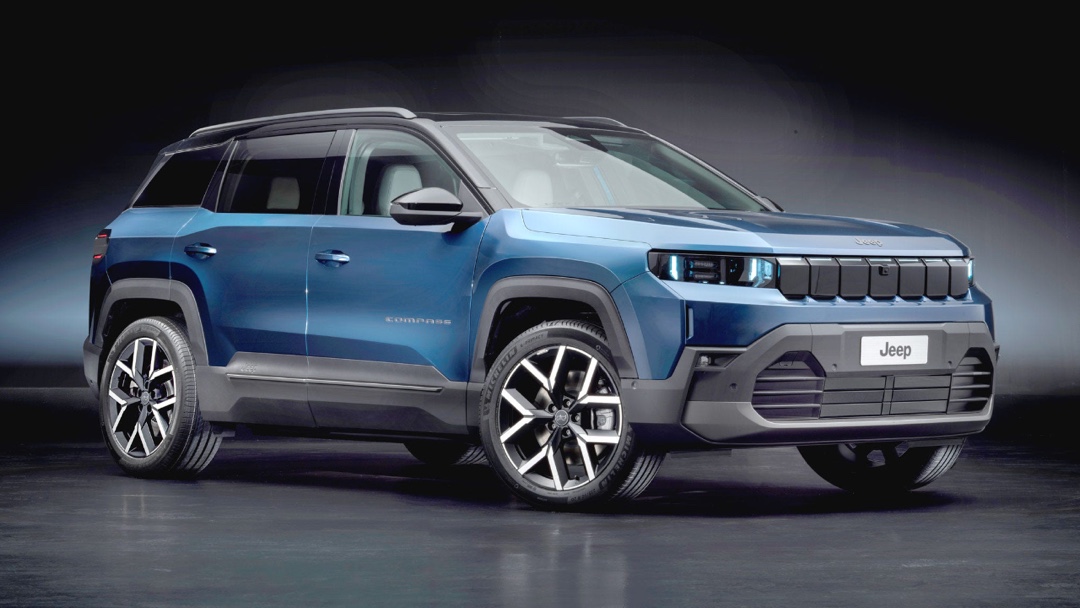 Jeep Compass 2026 bleu présenté en studio sous éclairage contrôlé, mettant en valeur le design extérieur, les jantes et la signature visuelle Jeep.