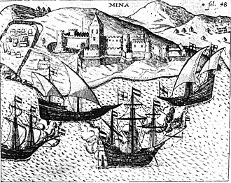 Engraving of Elmina Castle on the West African coast, late 16th century
