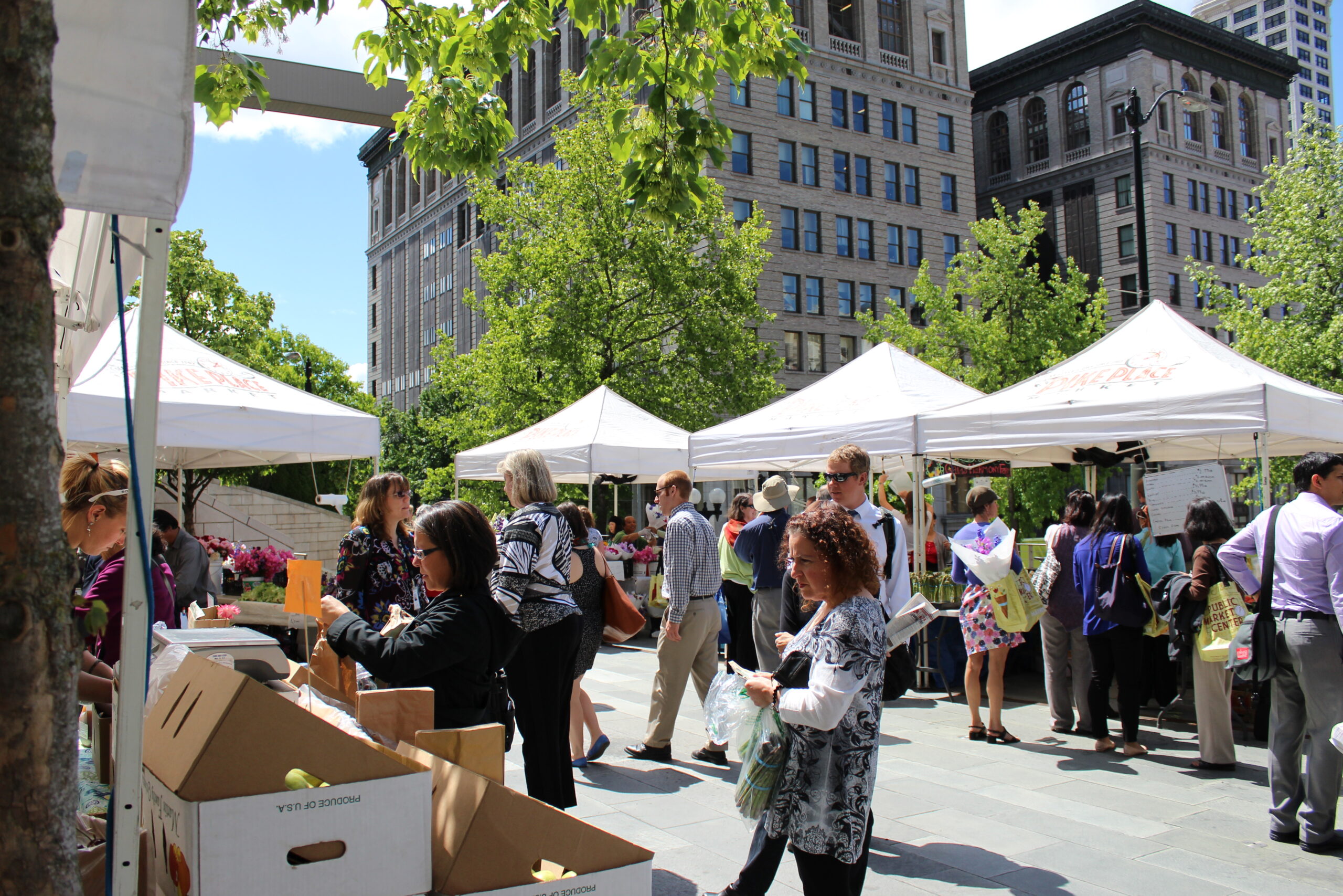 Photograph of a farmers' market in a North American city, c. 2014