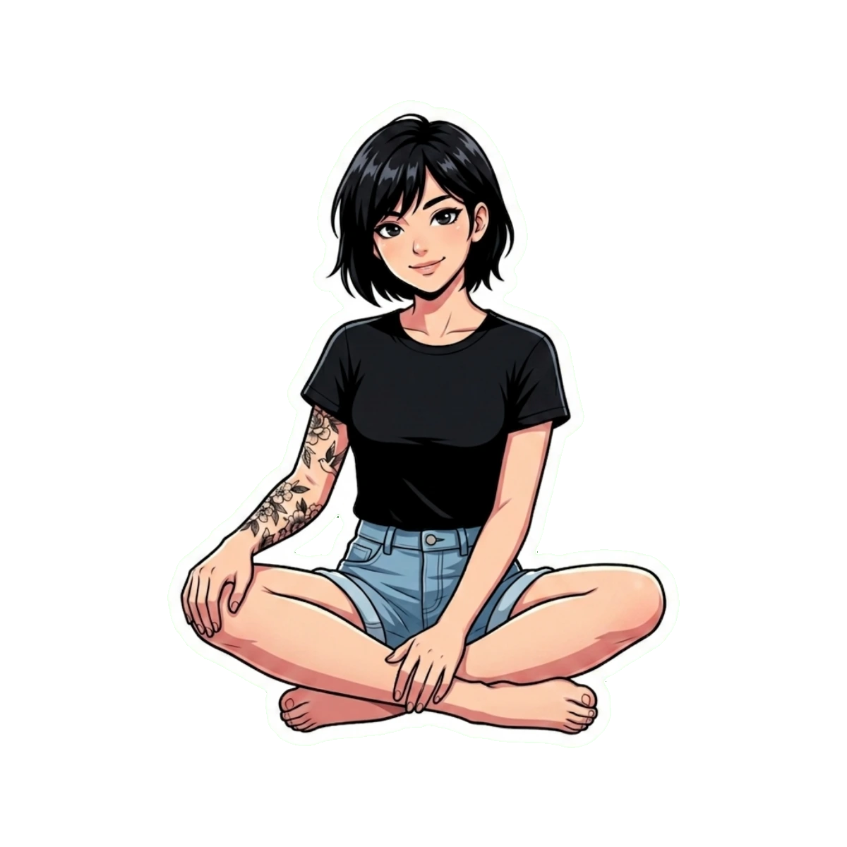 Short Hair Tattooed Anime Girl Sticker - Alt Aesthetic Waifu Laptop Decal
