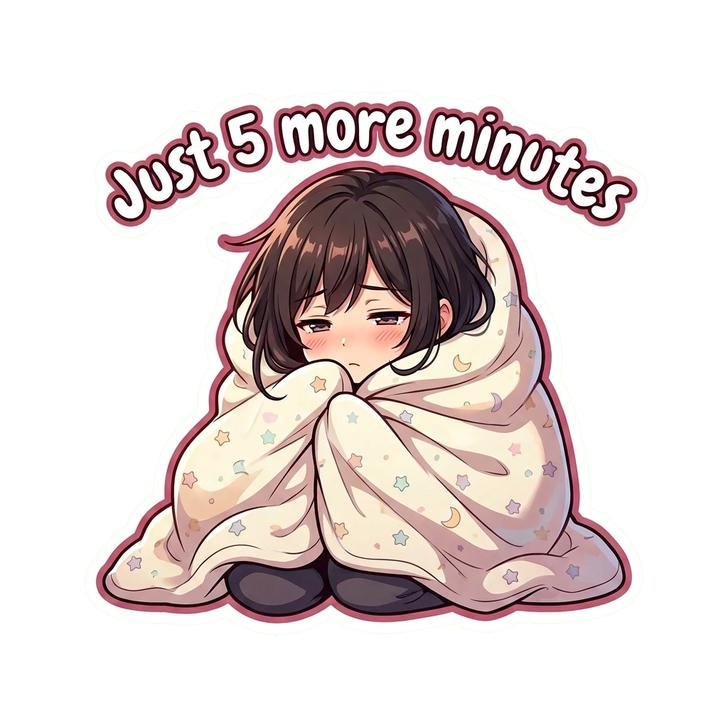 Sleepy Anime Girl Sticker, Just 5 More Minutes Kawaii Vinyl Decal