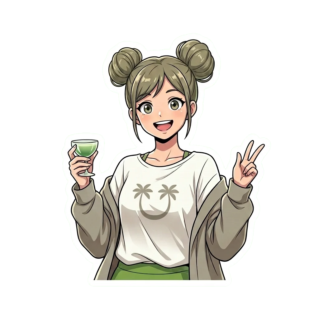 Cute Anime Girl Vinyl Sticker | Kawaii Laptop Decal | Aesthetic Green Drink Sticker | Manga Gift