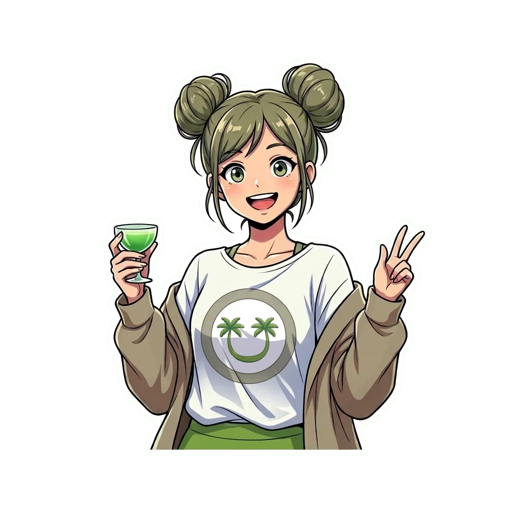 Cute Anime Girl Vinyl Sticker | Kawaii Laptop Decal | Aesthetic Green Drink Sticker | Manga Gift