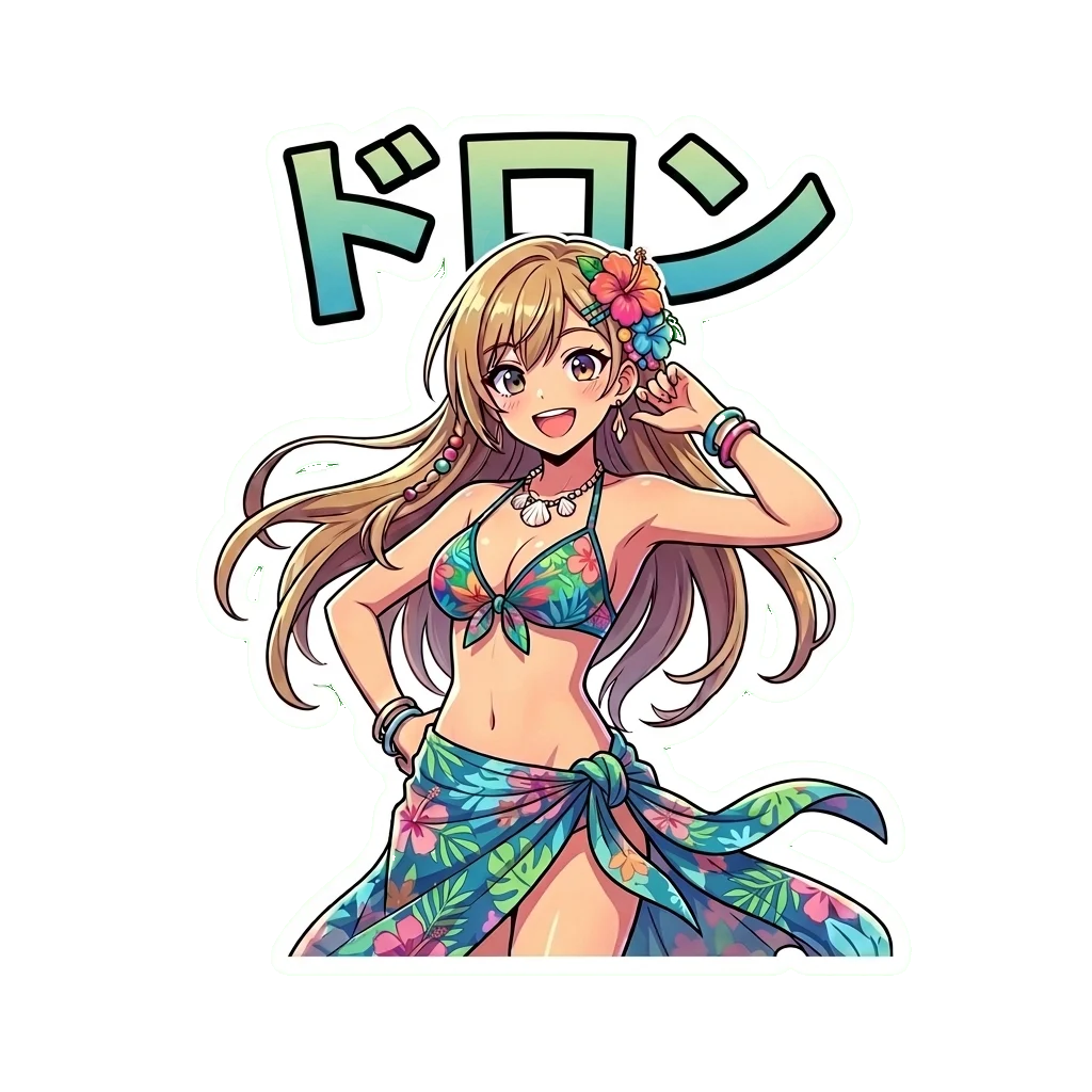 Tropical Anime Girl Vinyl Sticker, Kawaii Japanese Waifu Decal, Aesthetic Laptop & Bottle Sticker
