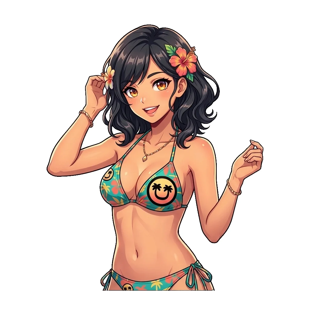 Tropical Anime Girl Vinyl Sticker, Kawaii Japanese Waifu Decal, Aesthetic Laptop & Bottle Sticker