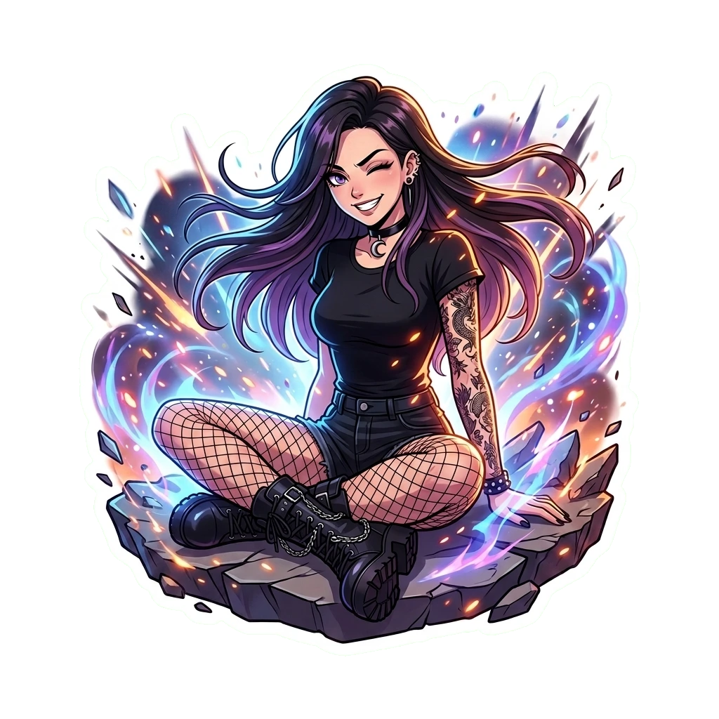 Anime Goth Girl Sticker - Purple Hair E-Girl Tattoo