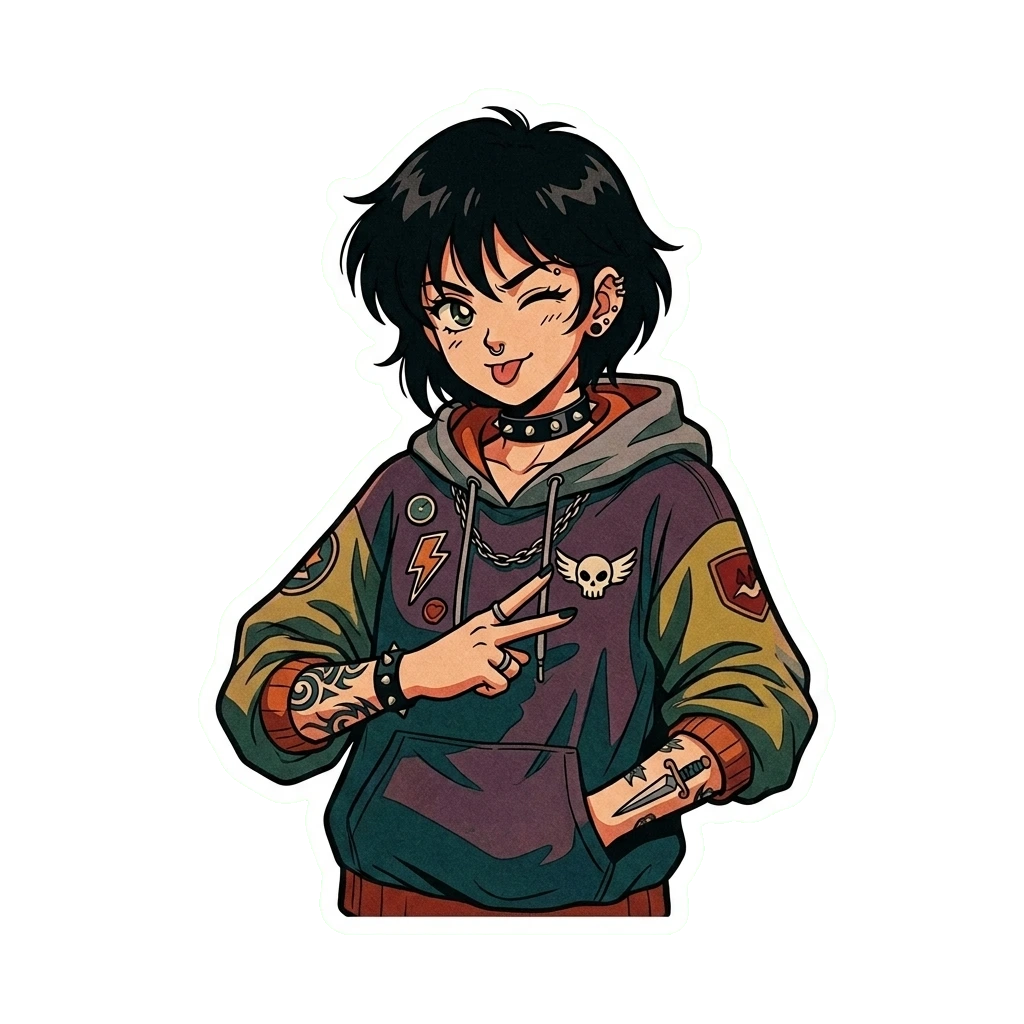 Punk Alt Anime Girl Sticker, Waterproof Laptop Decal, Aesthetic Gift