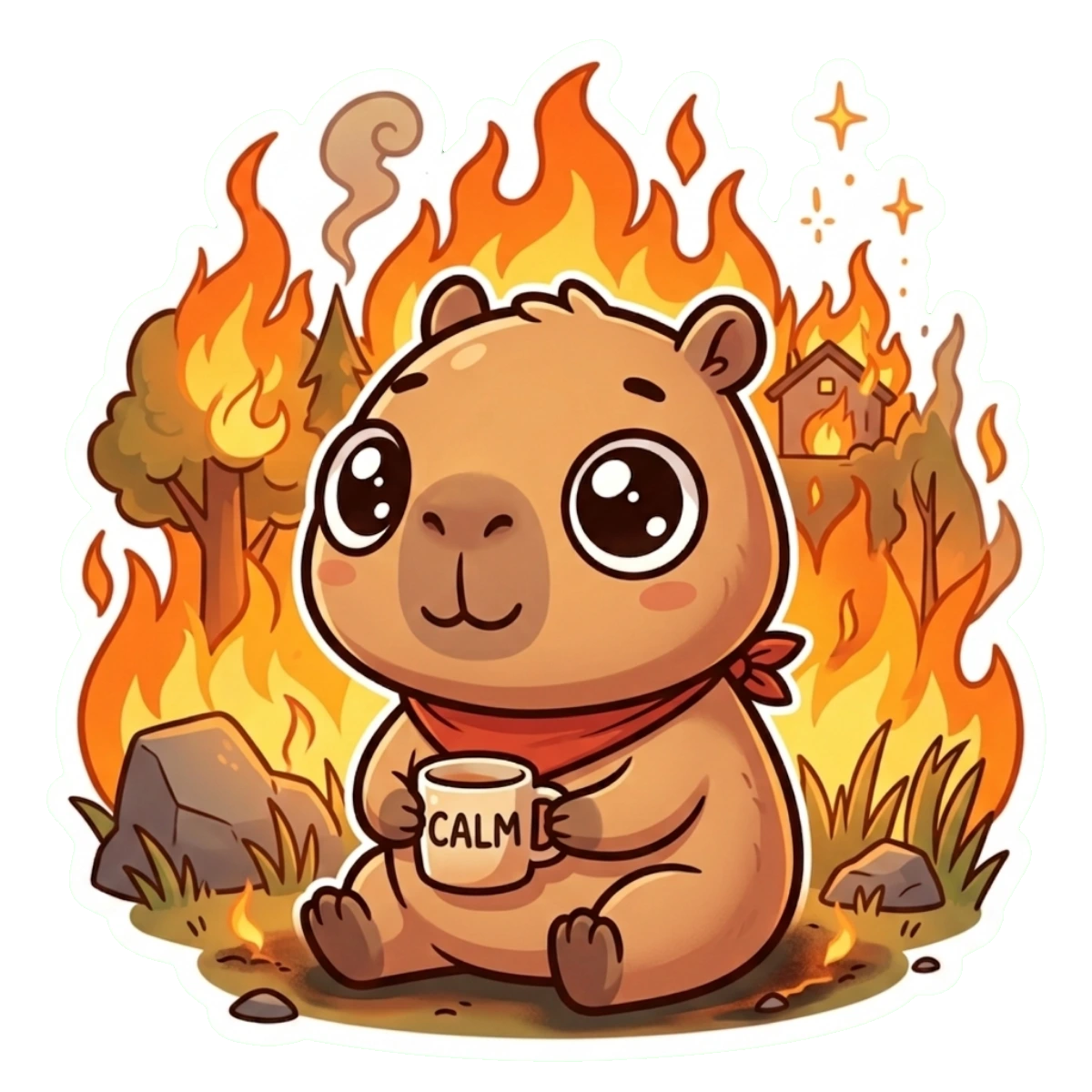 Cute Capybara "This is Fine" Meme Sticker | Laptop Decal | Kawaii Gift