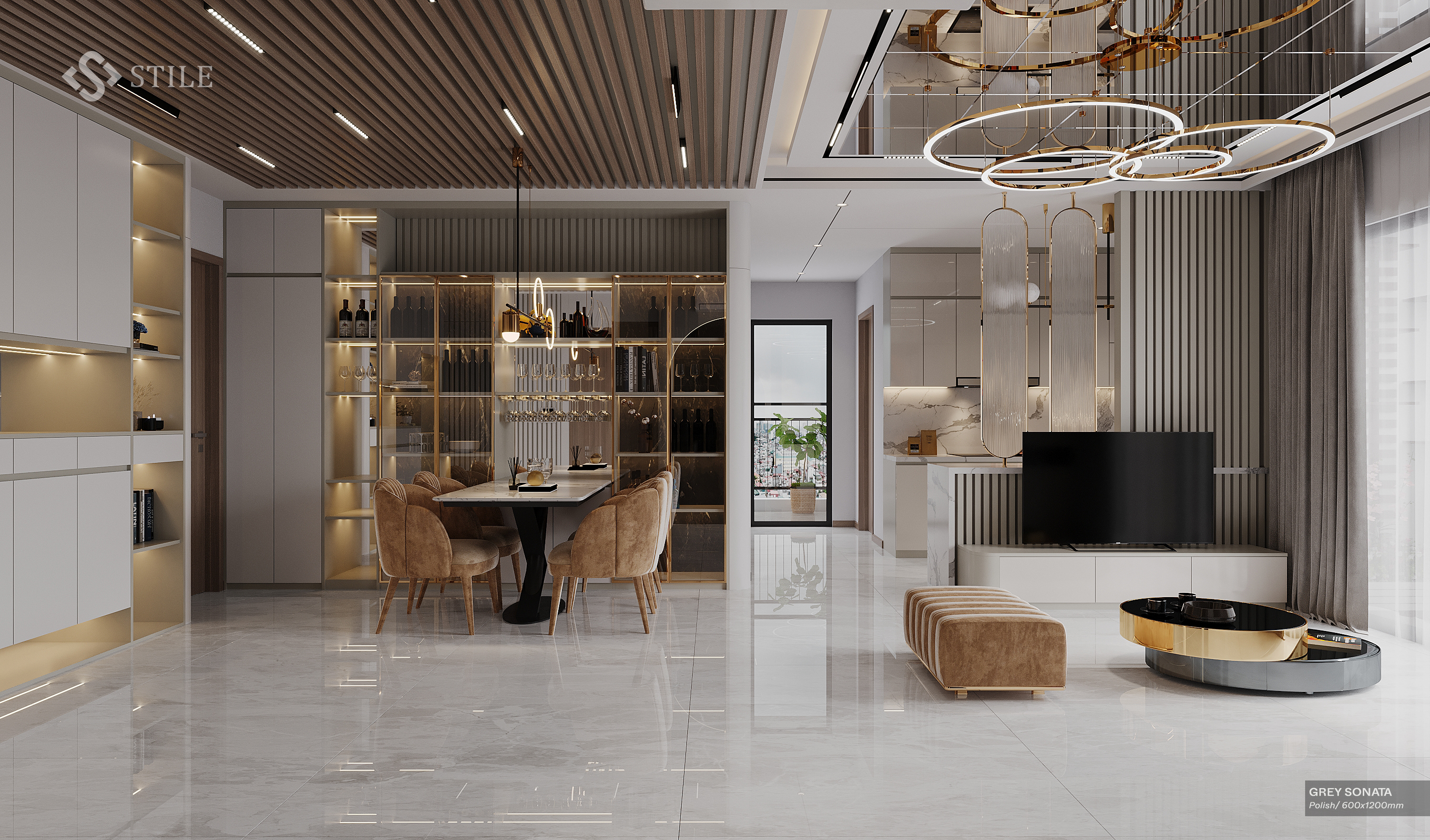 Gạch GREY SONATA bóng 600x1200 trong hạng mục lát sàn phòng khách