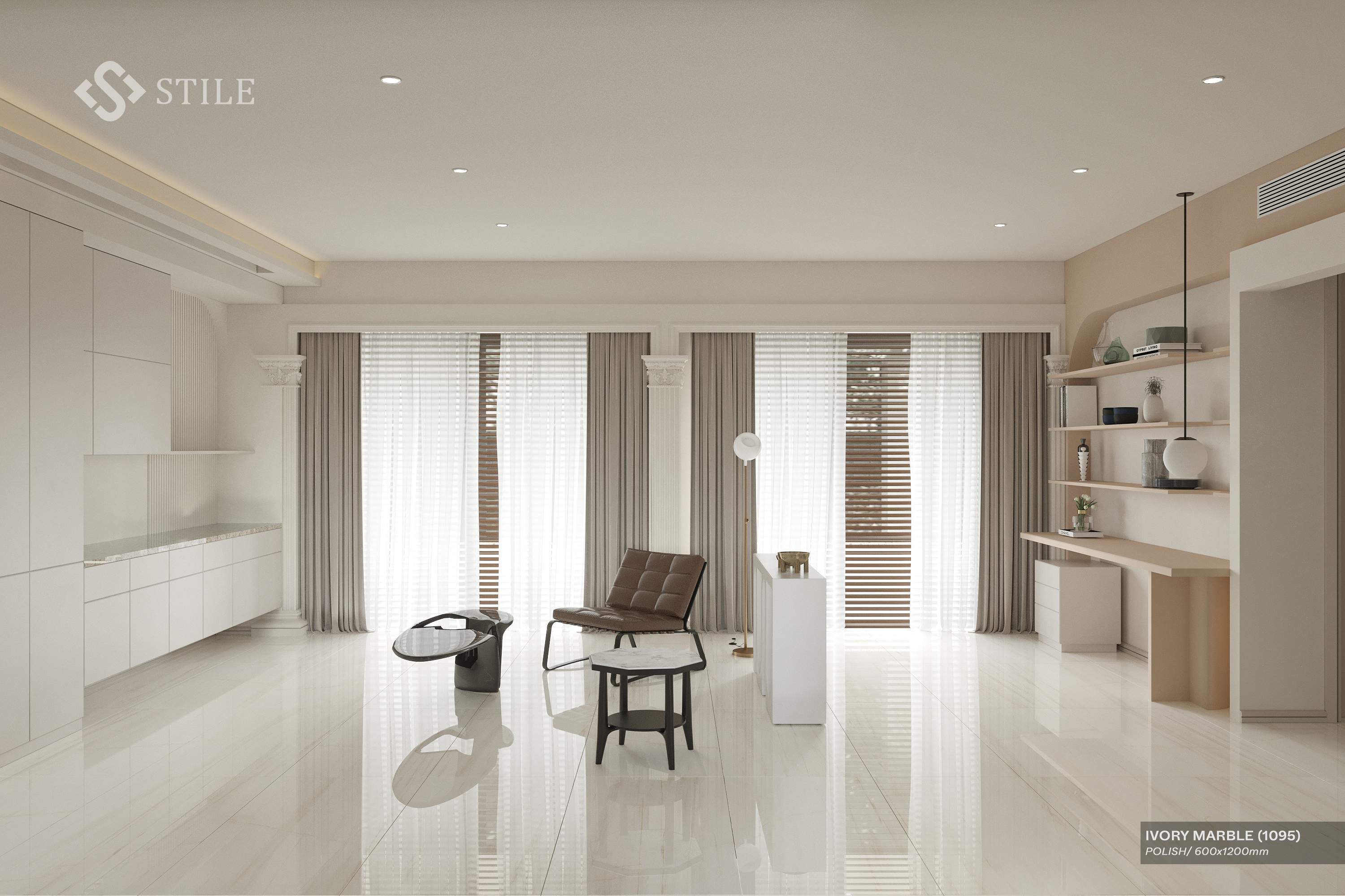 Gạch IVORY MARBLE (1095) bóng 600x1200 trong hạng mục lát sàn phòng khách