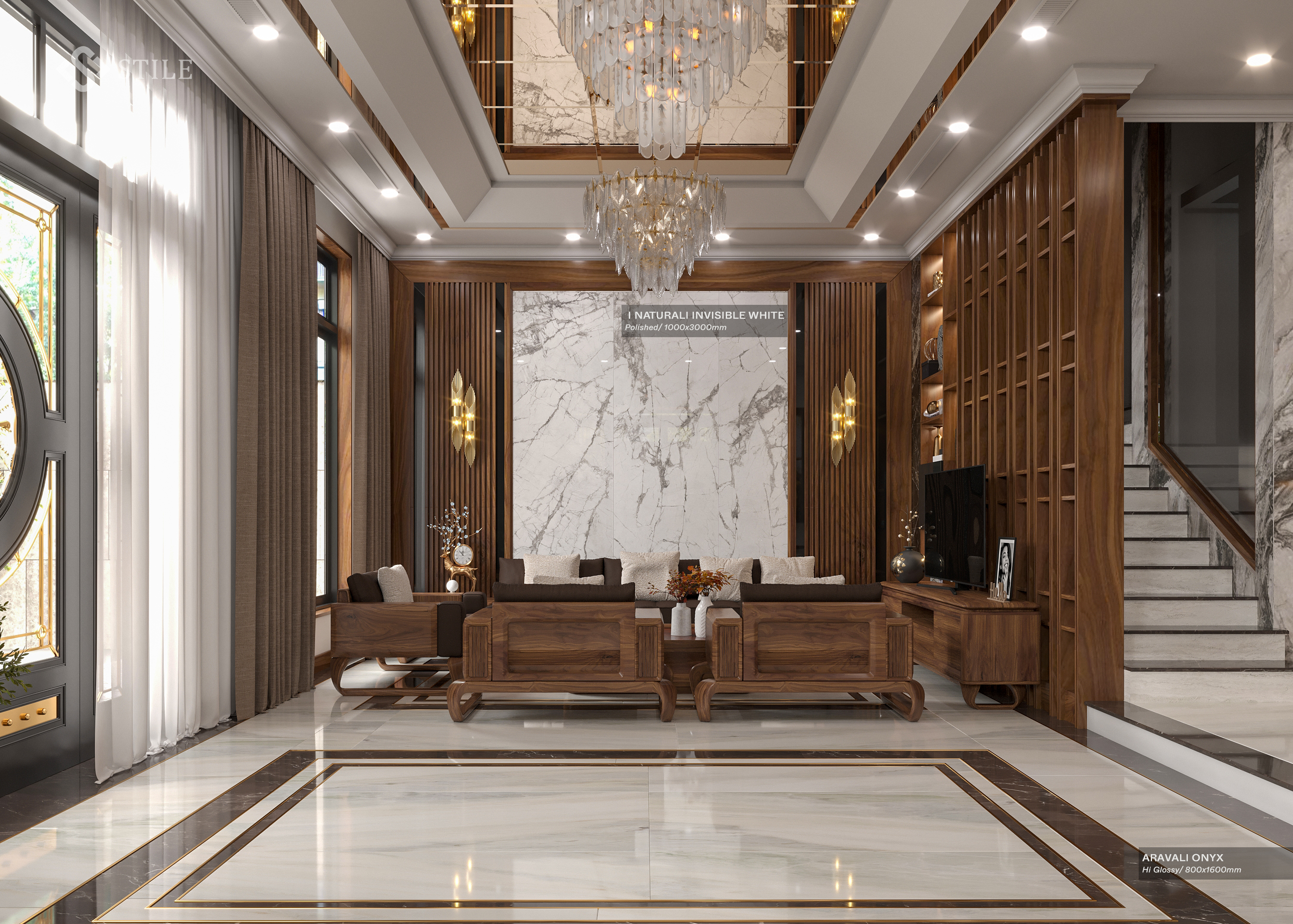 Gạch ARAVALI ONYX siêu bóng 800x1600 trong hạng mục lát sàn phòng khách