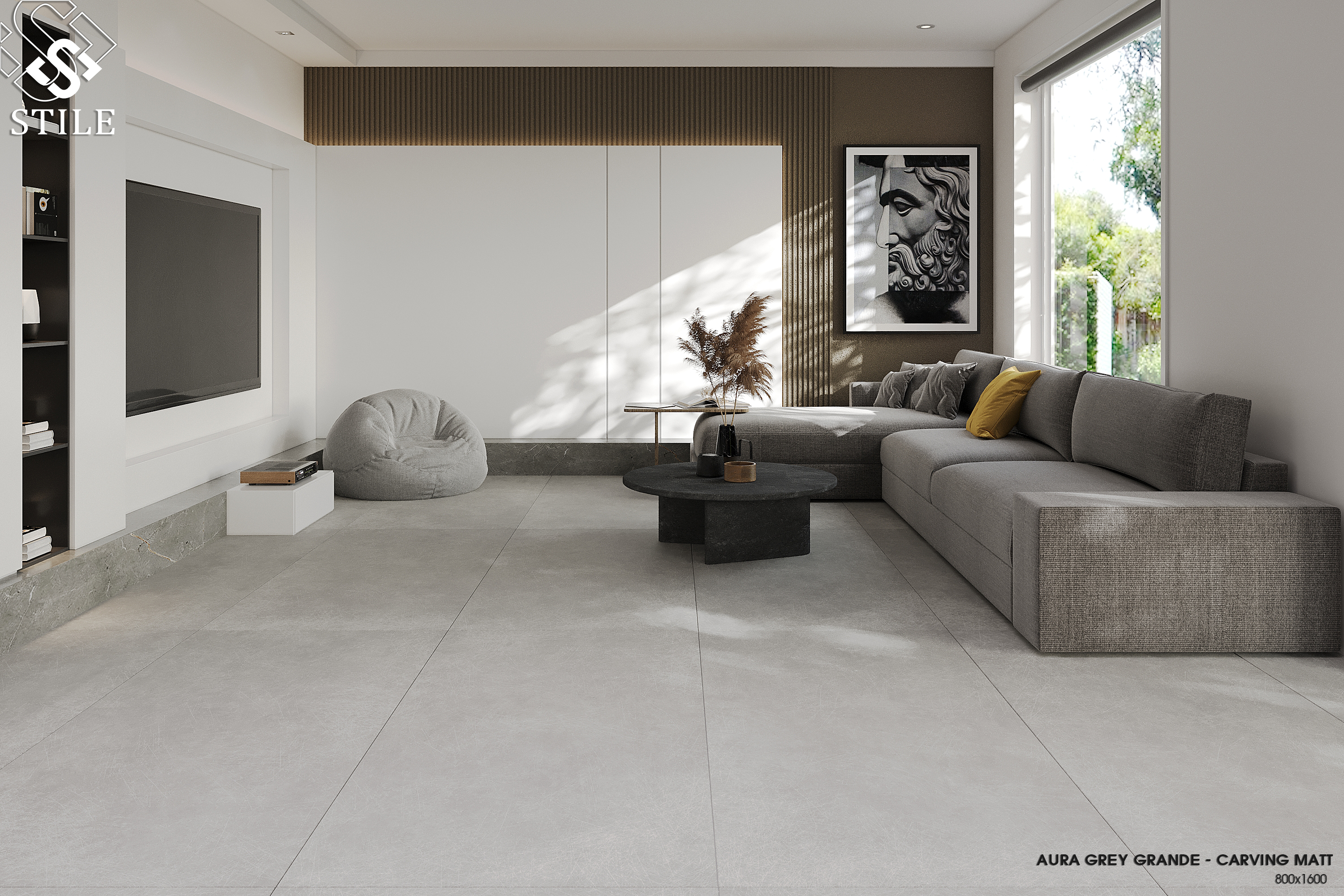Gạch AURA GREY GRANDE mờ 800x1600 trong hạng mục lát sàn phòng khách dưới 20m2