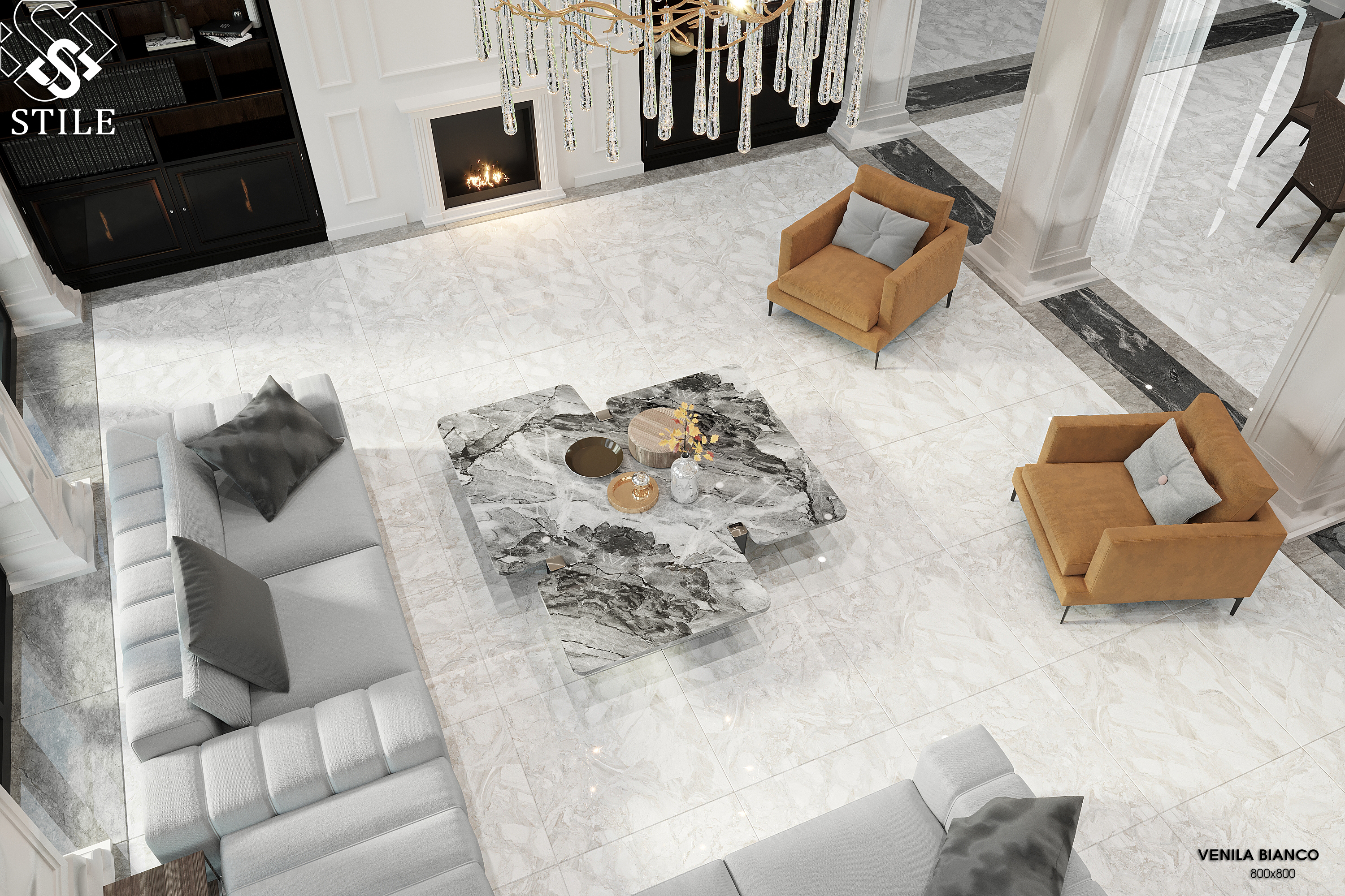 Gạch VENILA BIANCO bóng 800x800 trong hạng mục lát sàn phòng khách