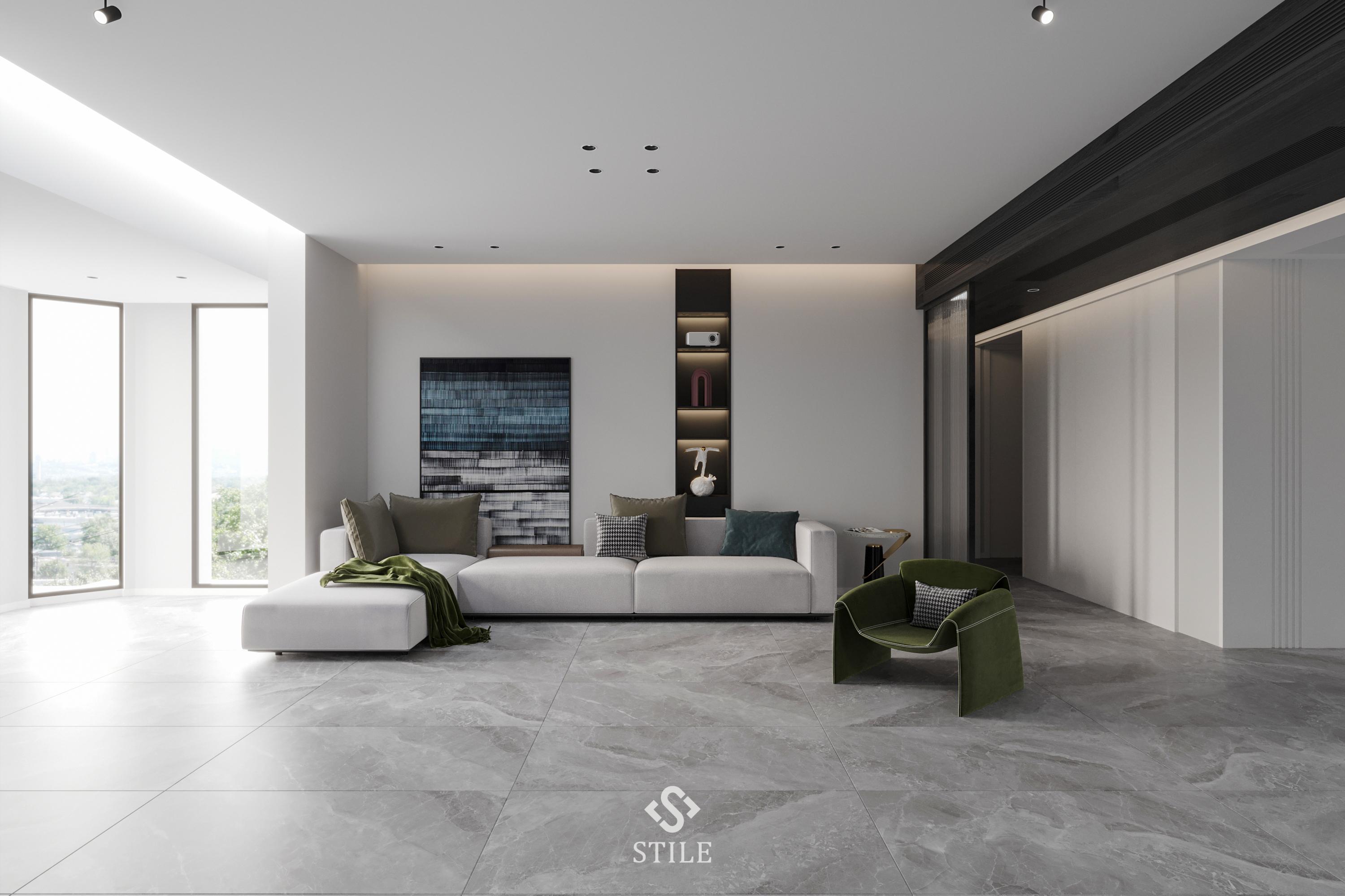 Gray marble look tiles for living room flooring applications