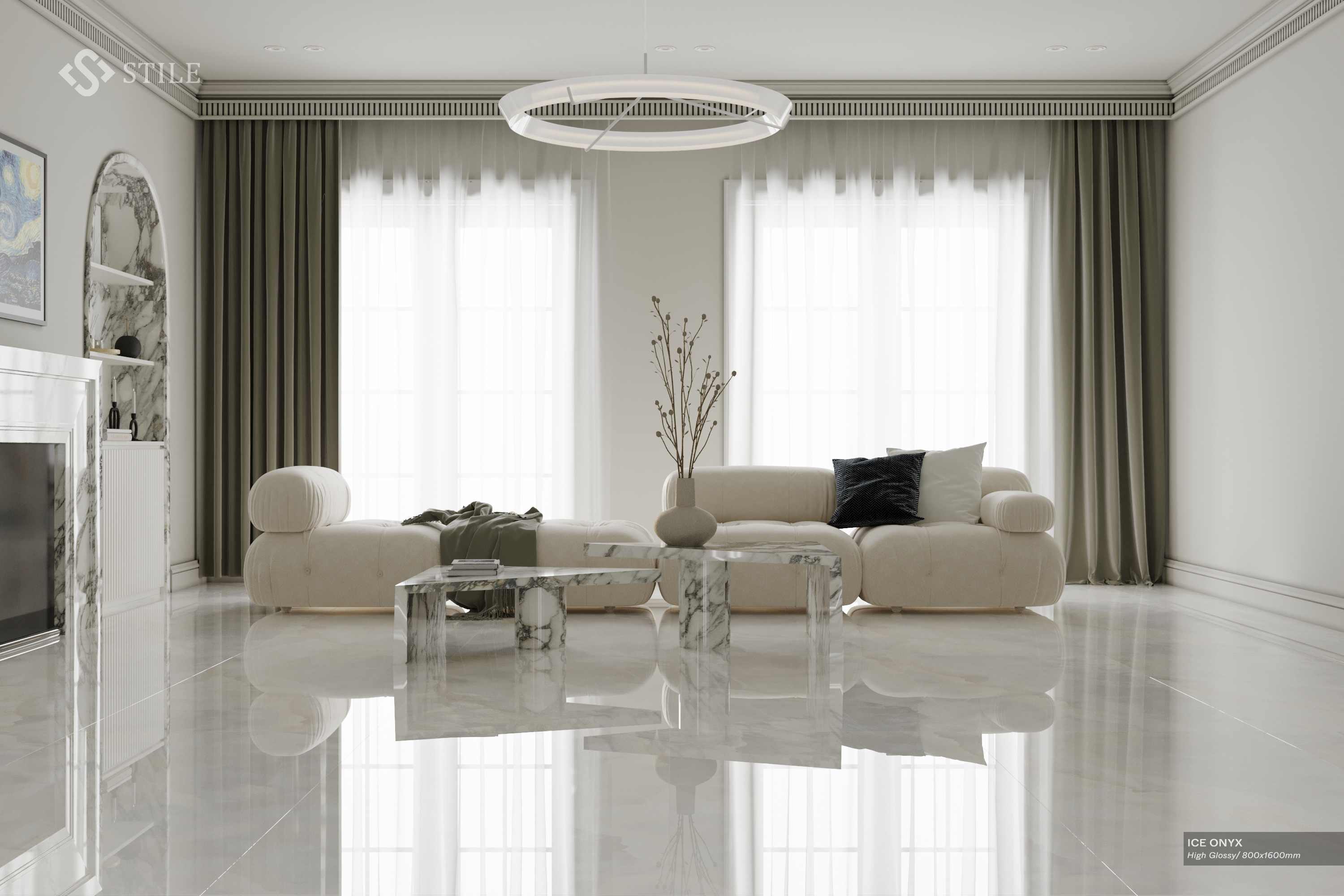 Đá nung kết ICE ONYX siêu bóng 800x1600 hạng mục lát sàn phòng khách