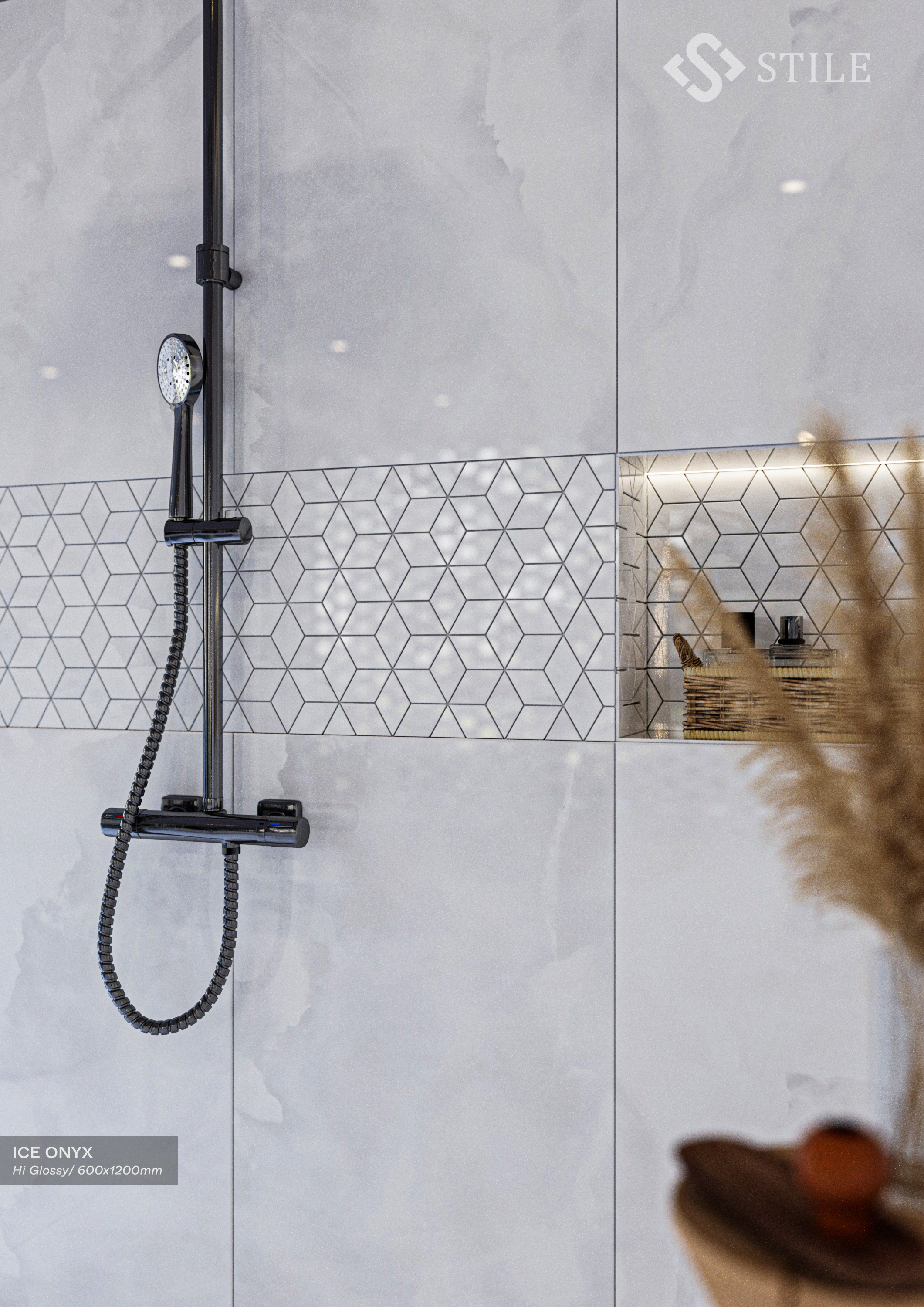 Đá nung kết ICE ONYXs siêu bóng 600x1200 trong hạng mục ốp tường phòng tắm