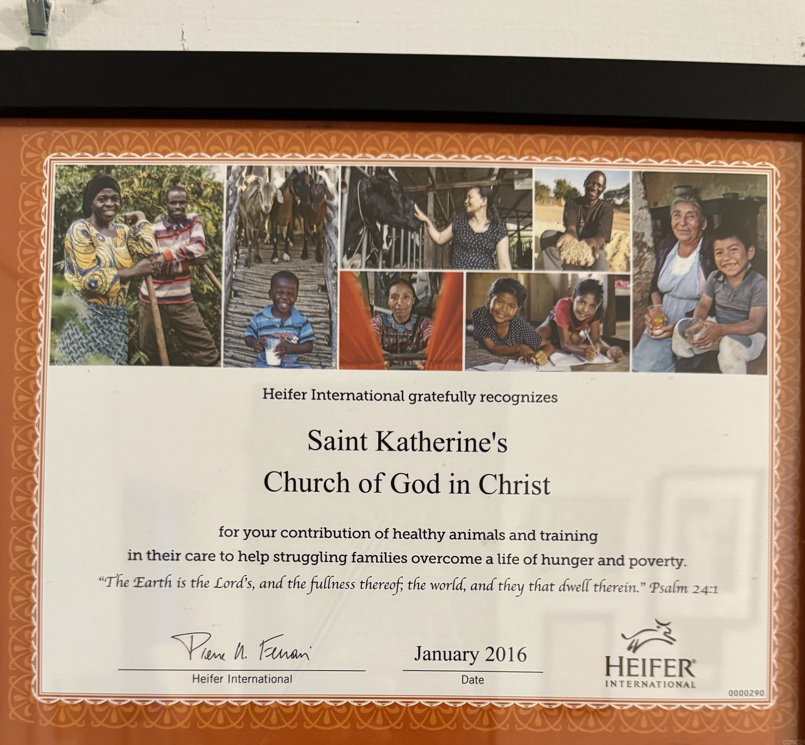 Certificate of recognition, January 2016