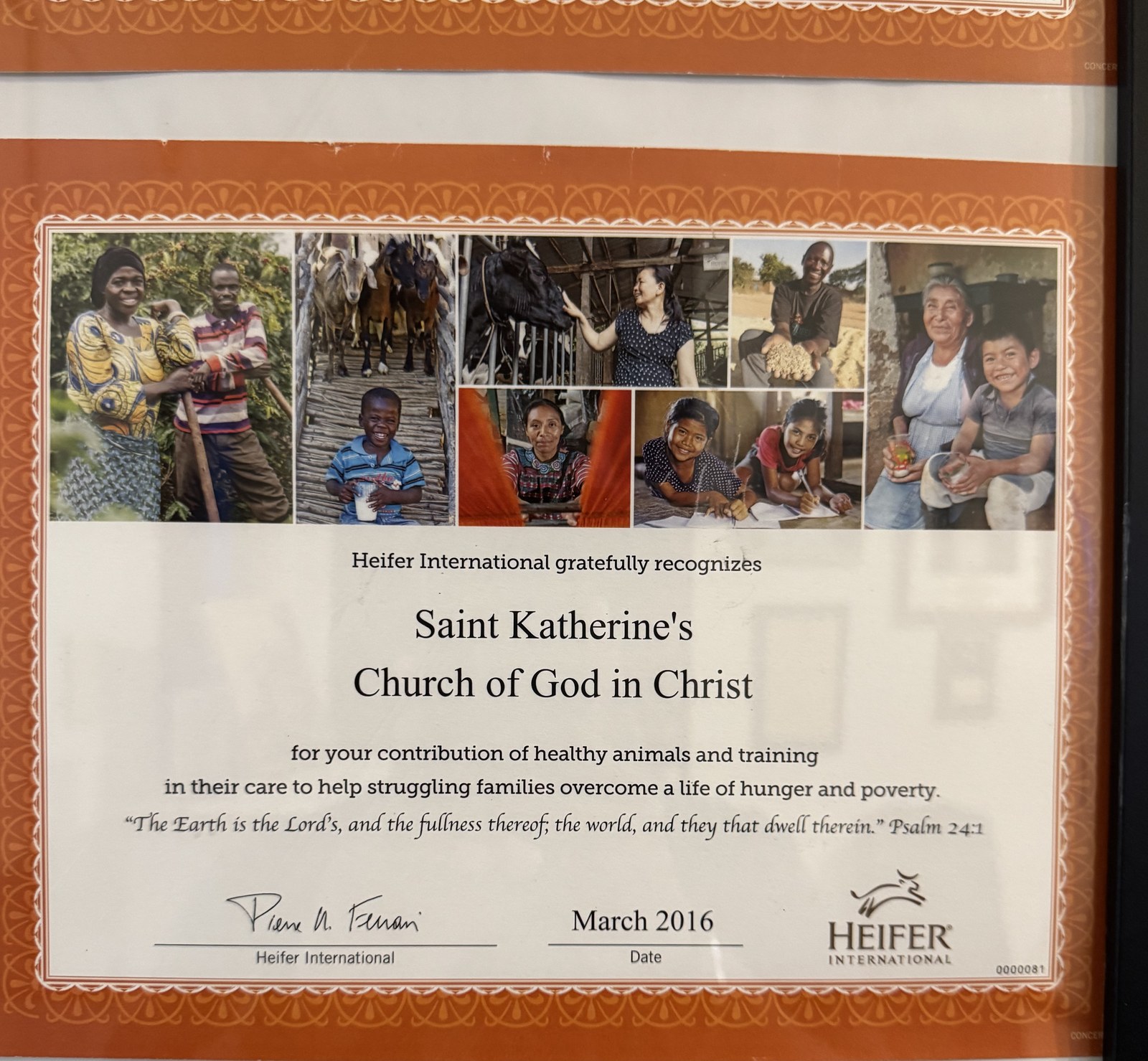 Certificate of recognition, March 2016
